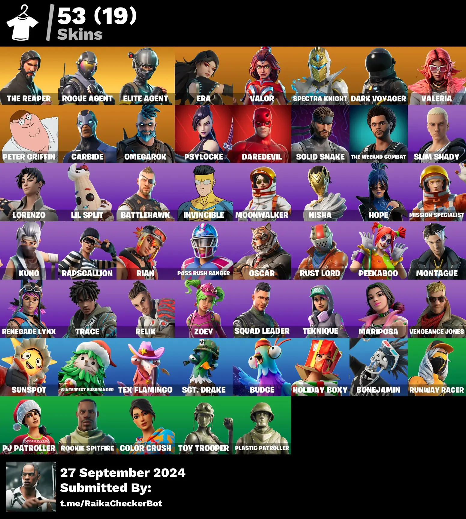 53 skins | The Reaper | Take The L | Elite Agent | Reaper | Orange Justice | Rogue Agent | Era | Valor | Spectra Knight | Dark Voyager | Valeria | Peter Griffin | Carbide | Omegarok | Psylocke | 100 Vbucks [PC/PSN/XBOX] Fortnite Account