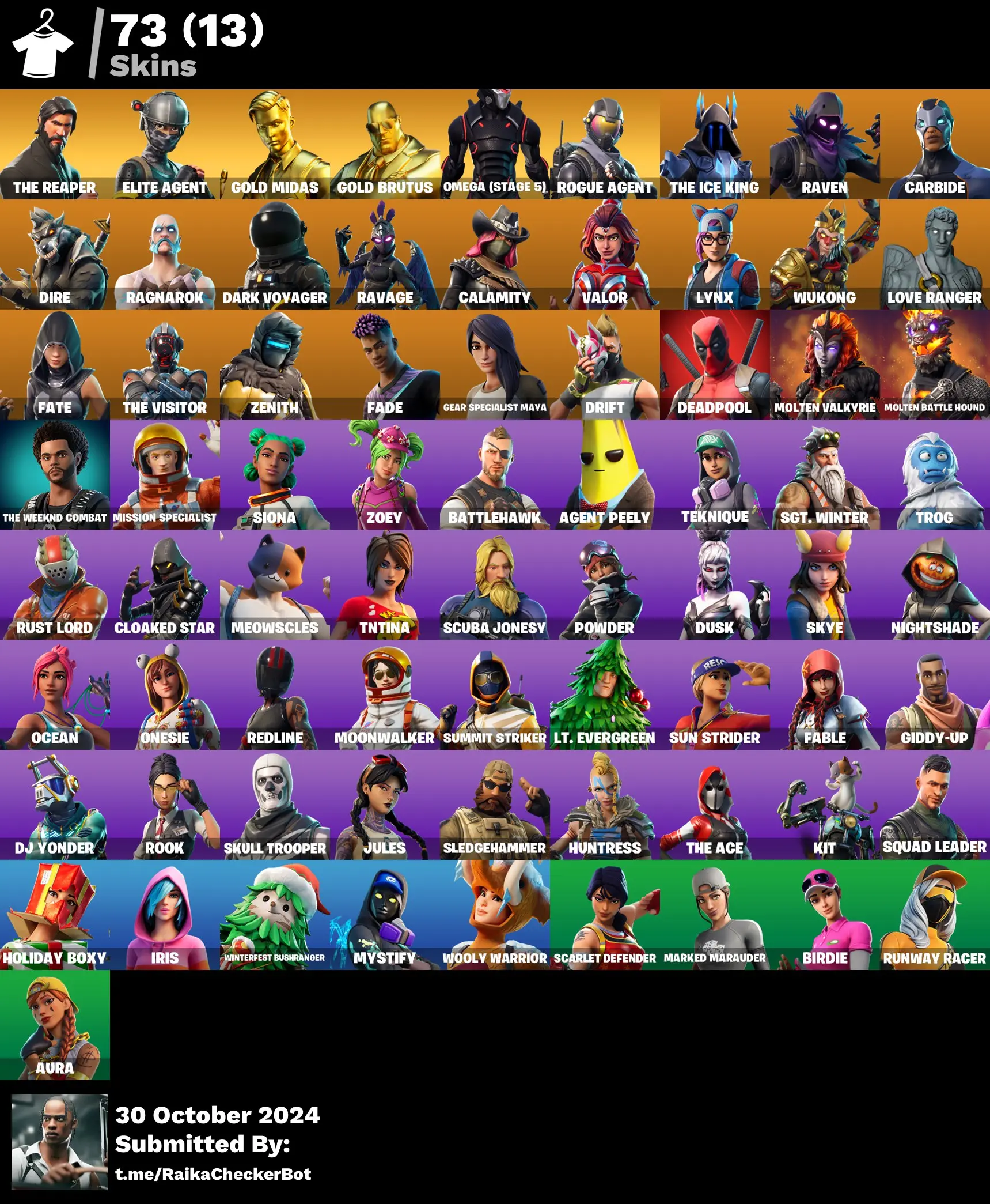 73 skins | The Reaper | Omega Stage 5 | Elite Agent | Mako | Take The L | Aura | Skull Trooper | Deadpool | Take The Elf | Point It Out | Drift | Orange Justice | Gold Midas | 100 Vbucks [PC/PSN/XBOX] Fortnite Account