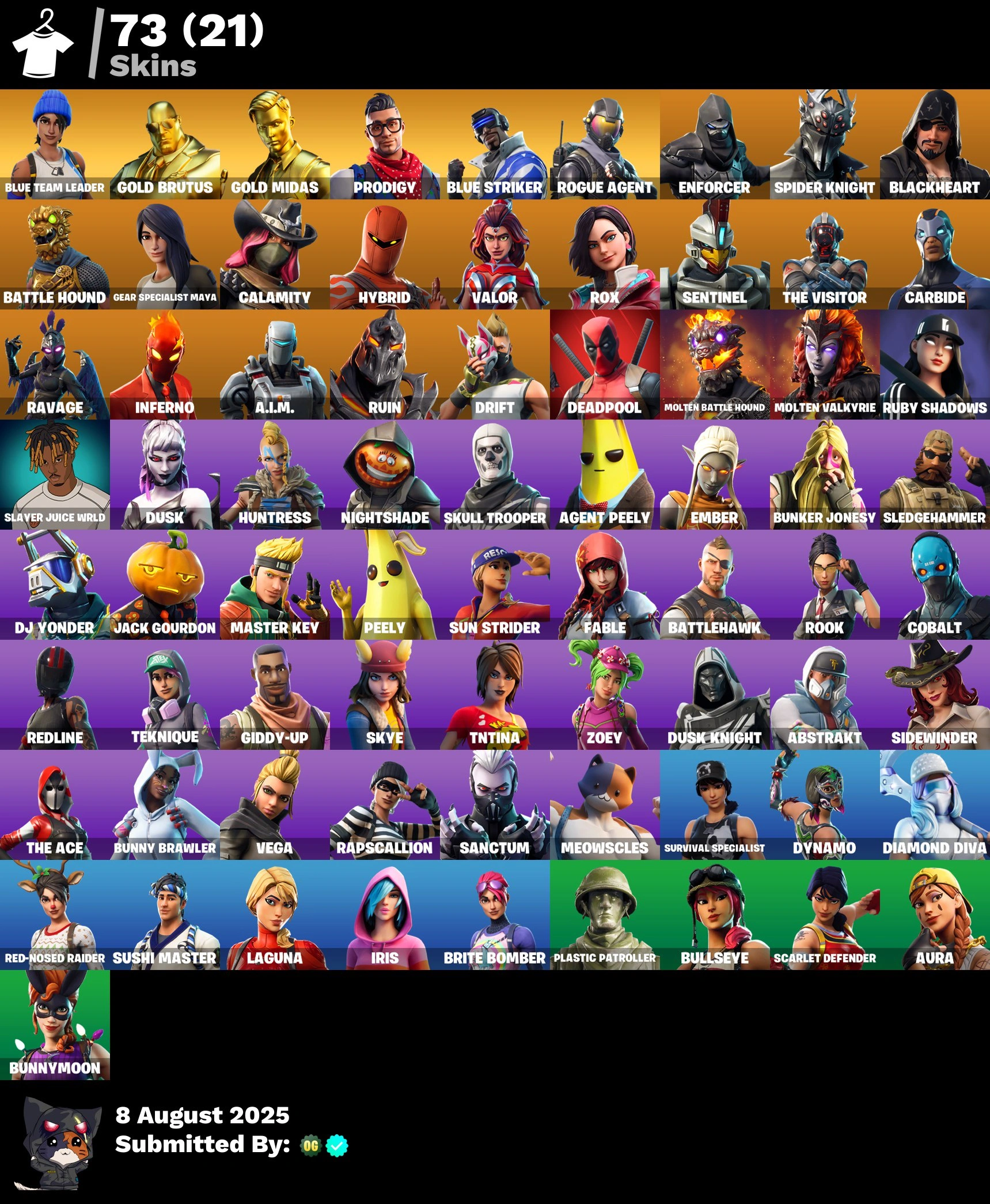 💜73 SKINS💜PSN XBOX NINTENDO PC💜EMAIL💜1500-vBUCKS SPIDER KNIGHT📌BATTLE HOUND✅RAVAGE INFERNO📌MOLTEN BATTLE HOUND✅DYNAMO RED-NOSED RAIDER SUSHI MASTER📌BUNNY BRAWLER✅BRITE BOMBER