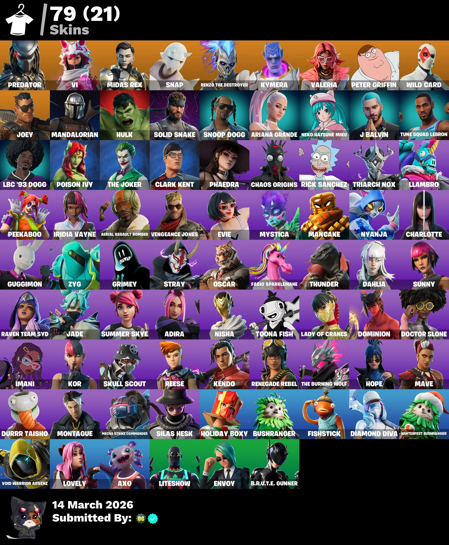 💜79 SKINS💜PSN XBOX NINTENDO PC💜STW💜1600-vBUCKS💜 ARIANA GRANDE📌J BALVIN✅POISON IVY THE JOKER CHAOS ORIGINS📌LLAMBRO✅DAHLIA PEEKABOO📌VI📌MIDAS REX✅THE BURNING WOLF📌LOVELY