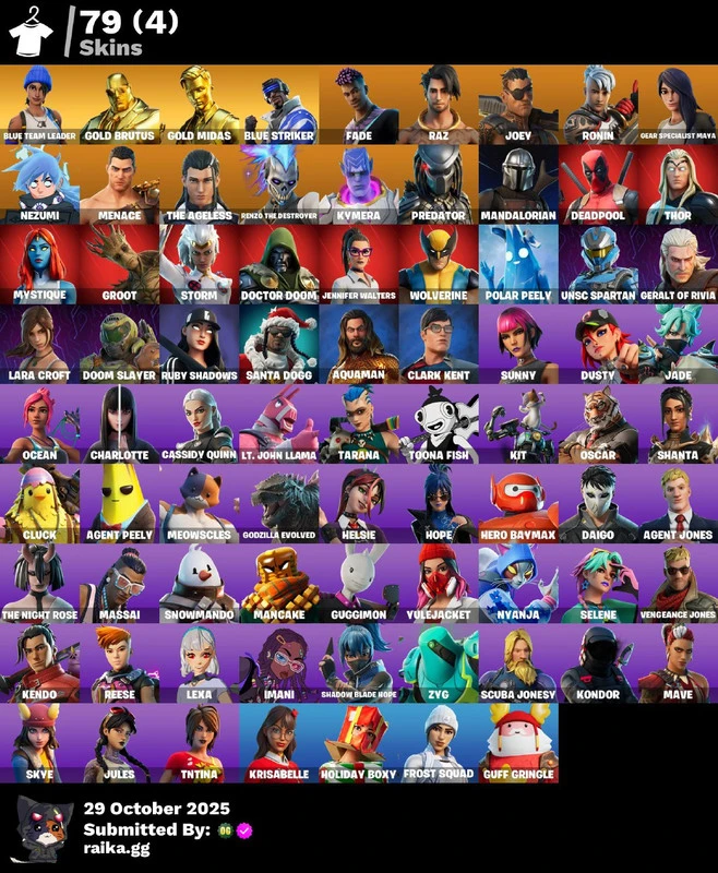 79 skins | Blue Team Leader | Gold Brutus | Gold Midas | Blue Striker | Fade | Raz | Joey | Ronin | Gear Specialist Maya | Nezumi | Menace | 700 VB