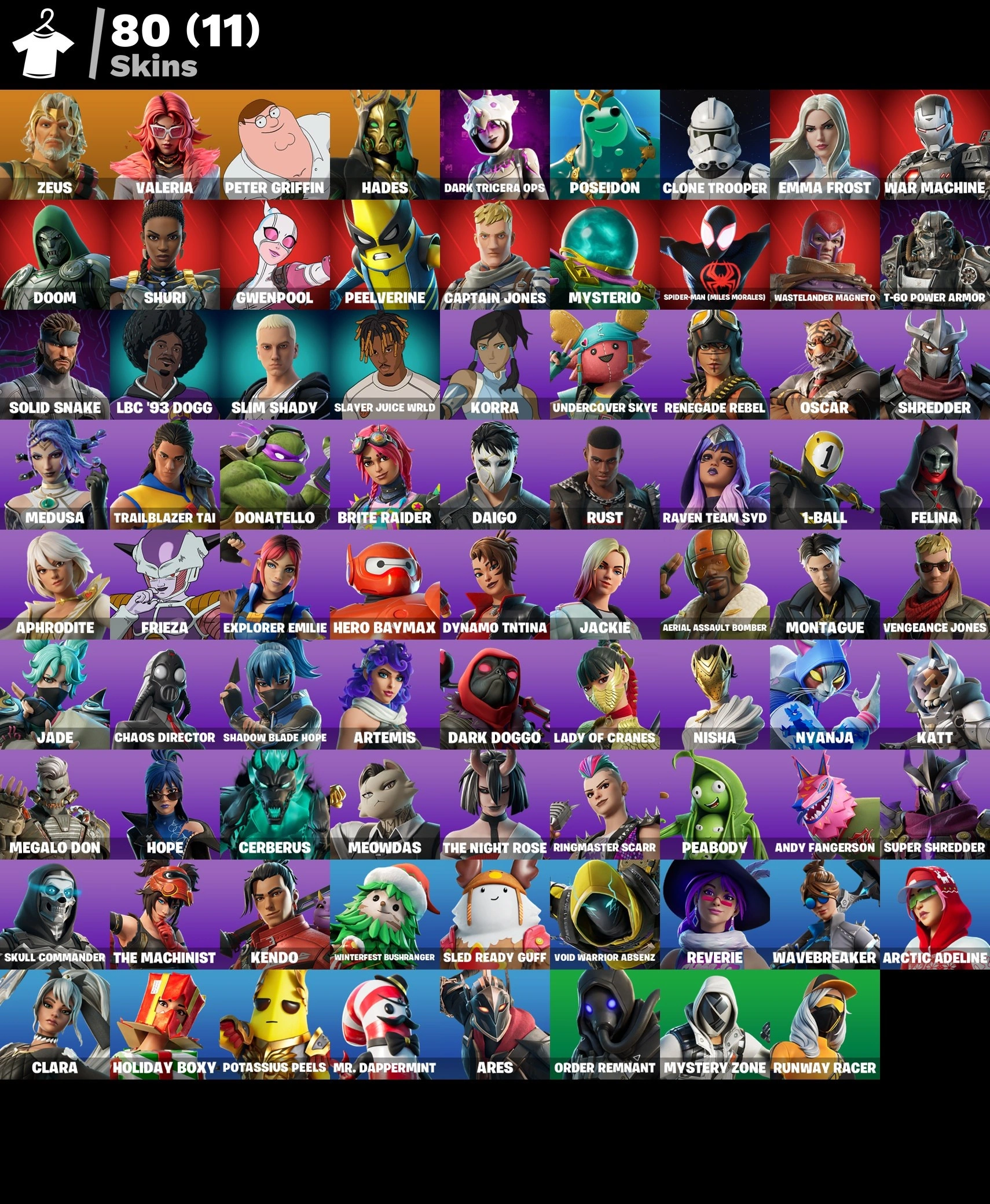 💜80 SKINS💜PSN XBOX NINTENDO PC💜EMAIL💜200-vBUCKS POTASSIOUS PEELS📌THE NIGHT ROSE✅FRIEZA📌SDUPER SHREDER✅DARK TRICERA OPS📌SPIDER-MAN MILES MORALES✅RAVEN TEAM SYD📌DARK DOGGO — image 1