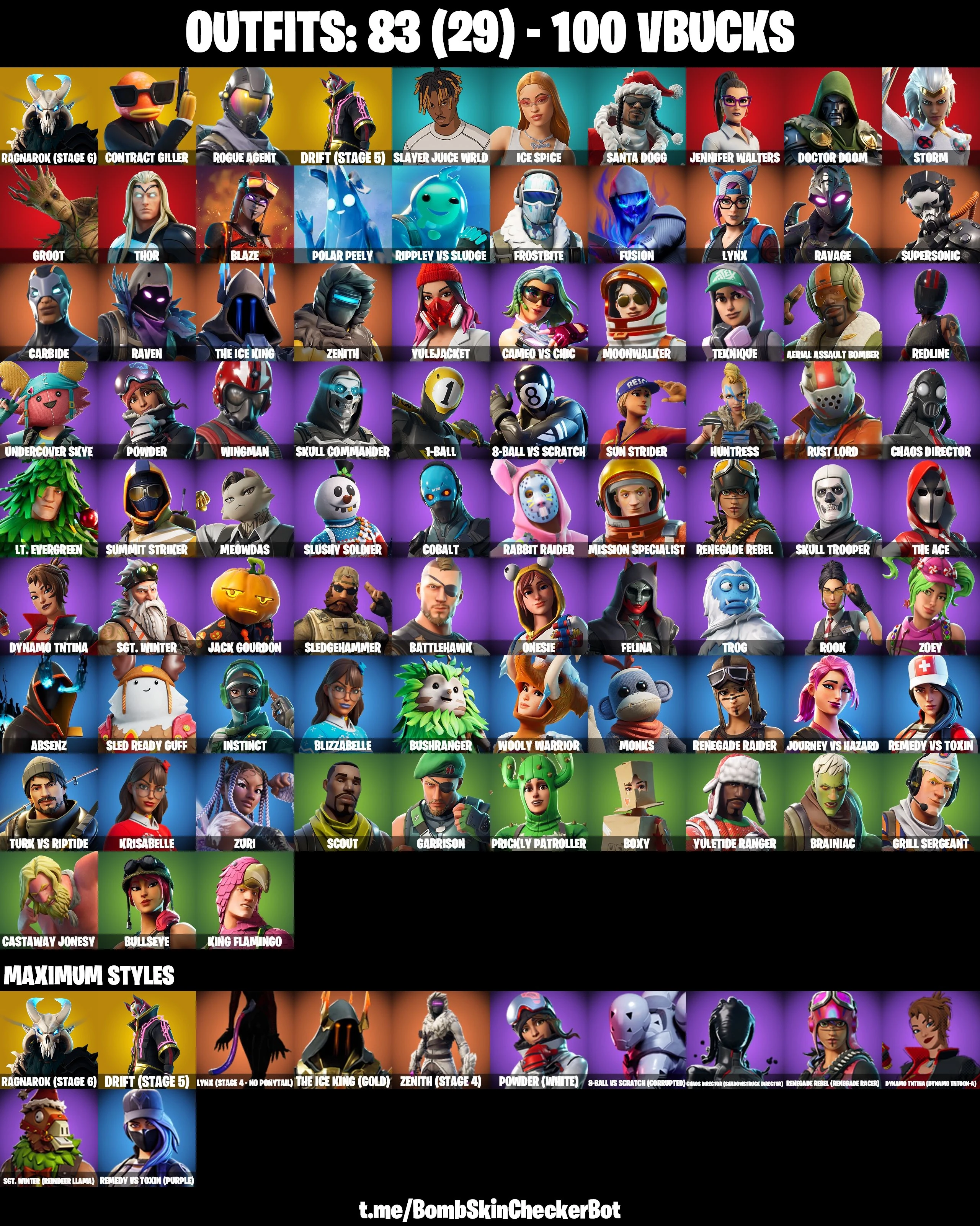 83 Skins|Hot Marat,Take The L,Rogue Agent,Rambunctious,Take The Elf,Ragnarok Stage 6,Drift Stage 5,Rust Bucket,Skull Trooper,Crowbar,Orange Justice,Snowflake,Po — image 1