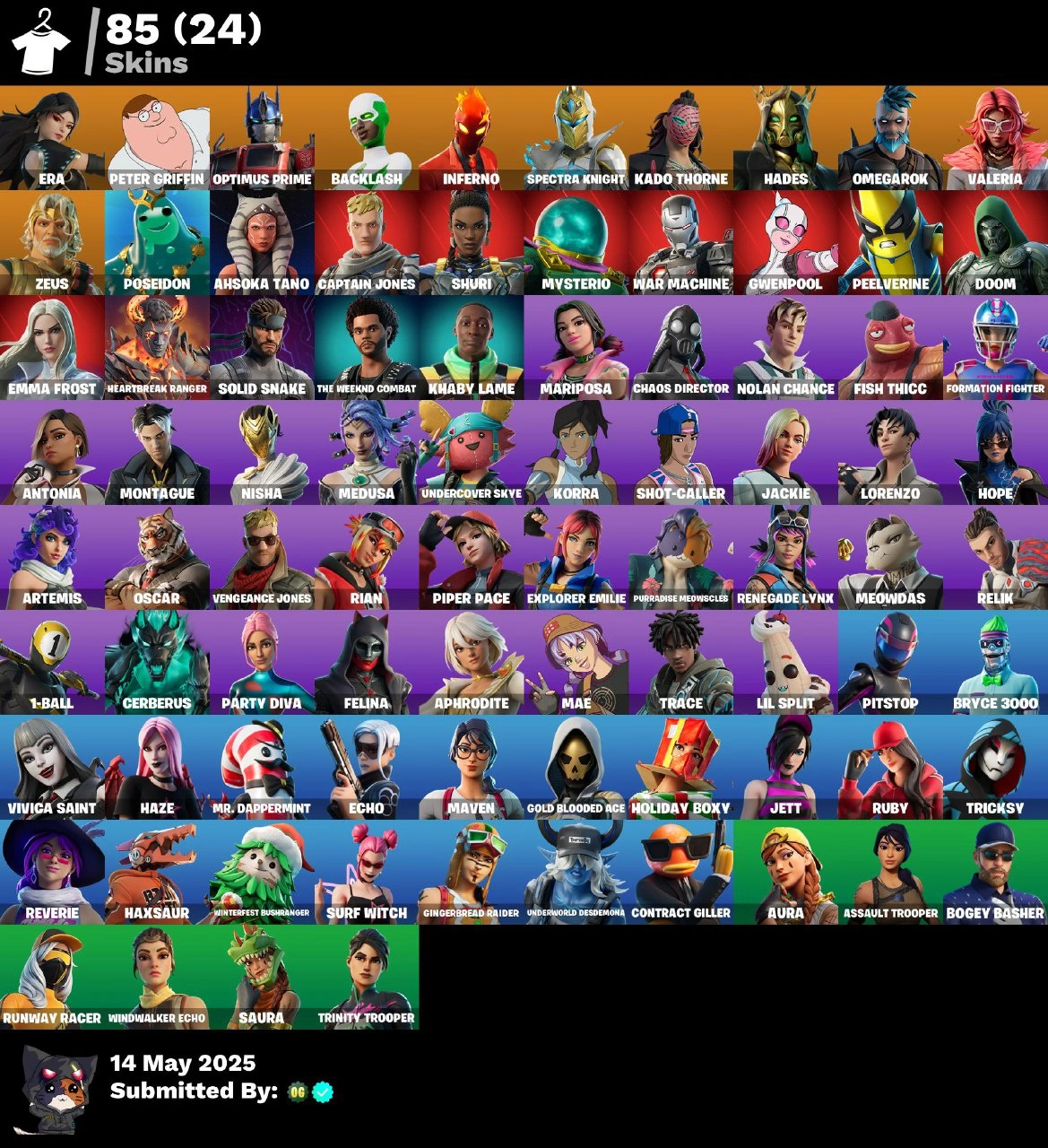 💜85 SKINS💜PSN XBOX NINTENDO PC💜EMAIL💜1250-vBUCKS GINGERBREAD RAIDER📌SURF WITCH CONTRACT GILLER✅RUBY TRICKSY BRYCE 3000📌VIVICA SAINT✅MAVEN📌SHOT-CALLER✅PARTY DIVA BACKLASH — image 1