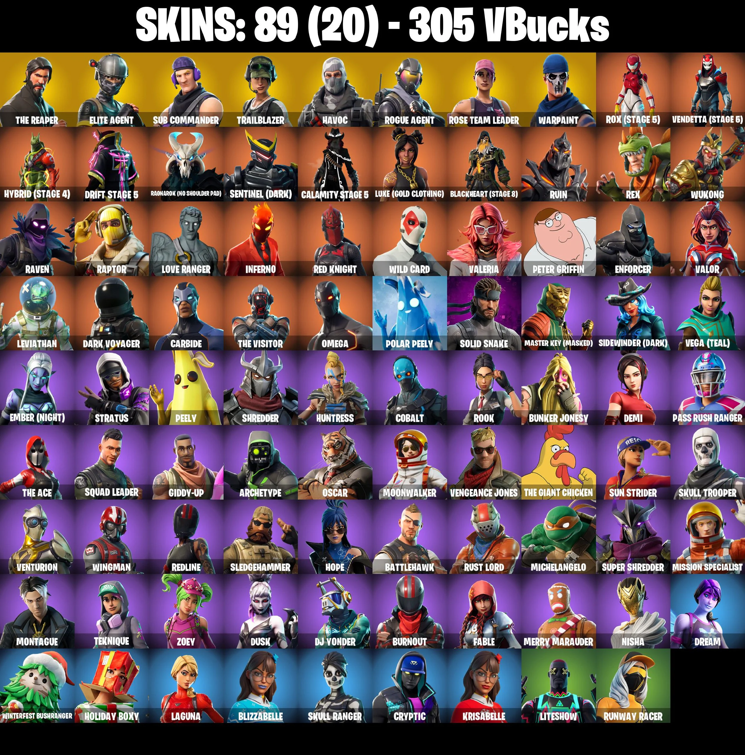 89 SKINS | OG STW | The Reaper | Elite Agent | Take The L | Rogue Agent | Crowbar | Snowflake | Orange Justice | Red Knight | Skull Ranger | [PC/PSN/XBOX] | 305 VB