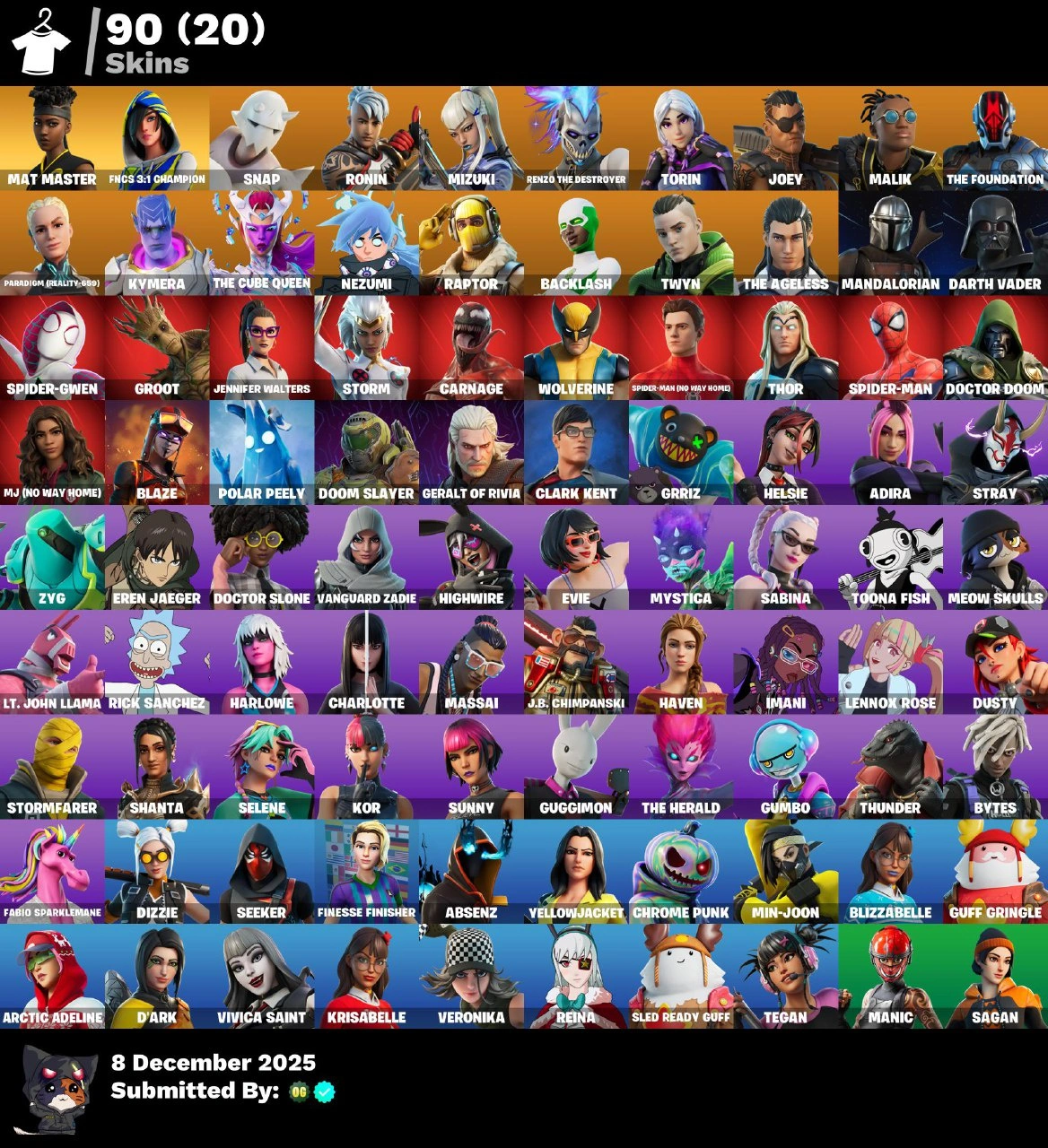 💜90 SKINS💜PSN XBOX NINTENDO PC💜EMAIL💜750-vBUCKS VIVICA SAINT📌REINA✅YELLOWJACKET📌RAPTOR✅FNCS 3:1 CHAMPION📌MAT MASTER✅POKI ITS A VIBE SIND ALONG📌SPIDER-MAN(GILDED REALITY)
