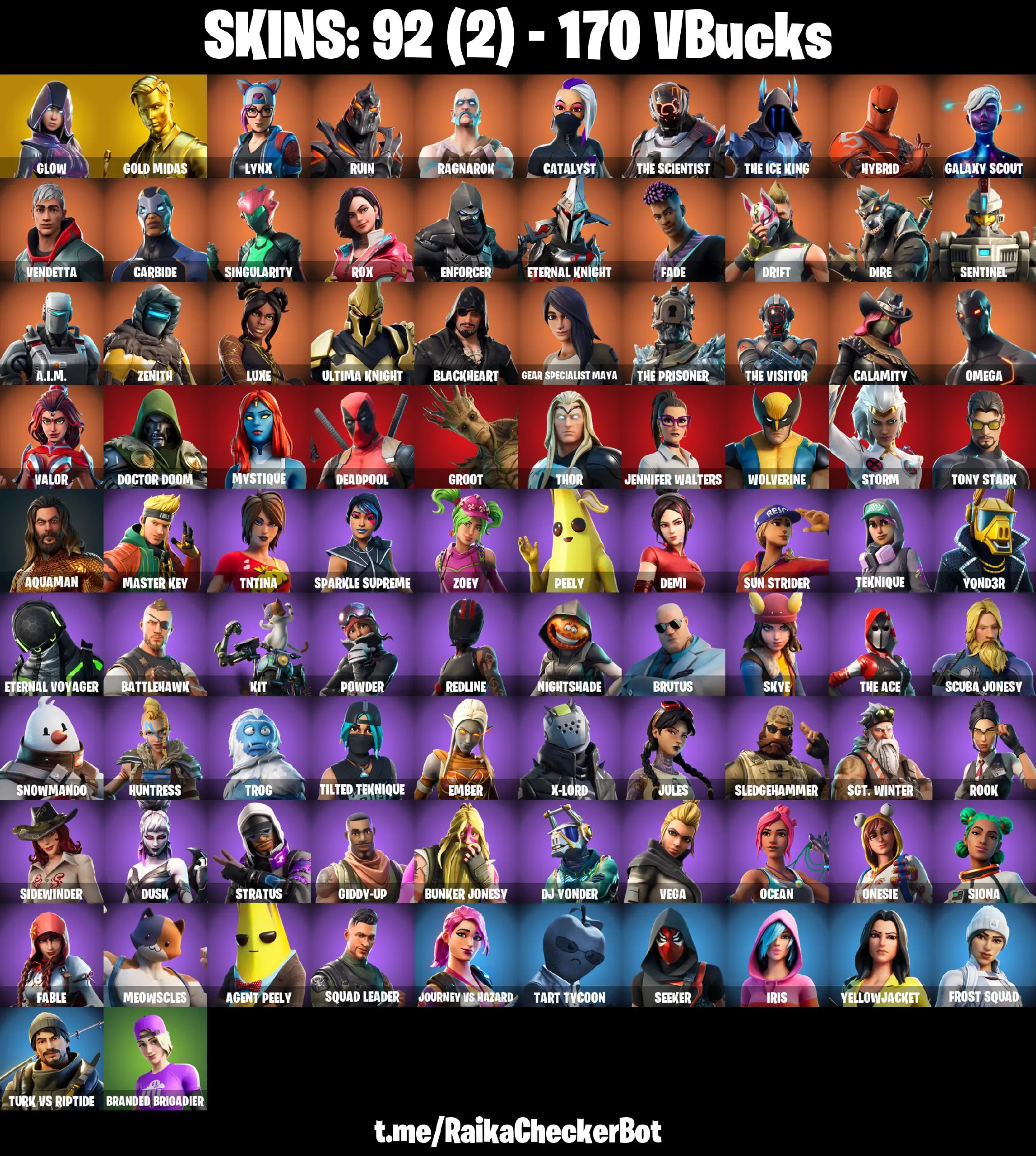 👑92 Skins 👑PC/PSN/XBOX👑 Glow 👑 Gold Midas 👑 Lynx 👑 Ruin 👑 Ragnarok 👑 Catalyst 👑 The Scientist 👑 The Ice King 👑 Hybrid 👑 Galaxy Scout 👑 Vendetta 👑