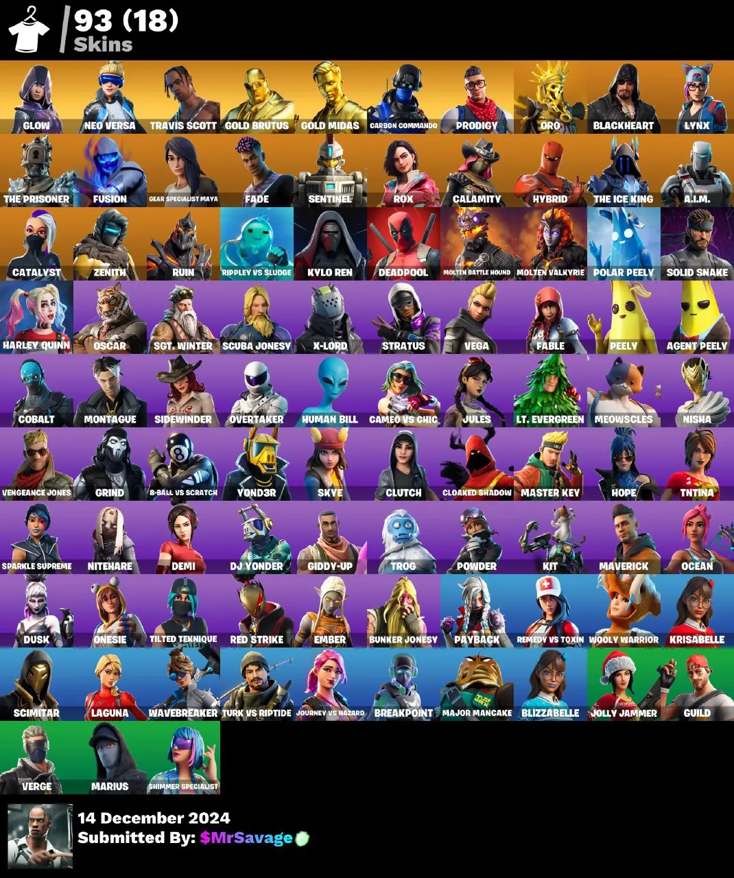 93 skins | Glow | Neo Versa | Travis Scott | Deadpool | Harley Quinn | Peely | Reaper | Take The Elf | Point It Out | Gold Brutus | Gold Midas | Carbon Commando | Prodigy | Oro | Blackheart | 500 Vbucks [PC/PSN/XBOX] Fortnite Account