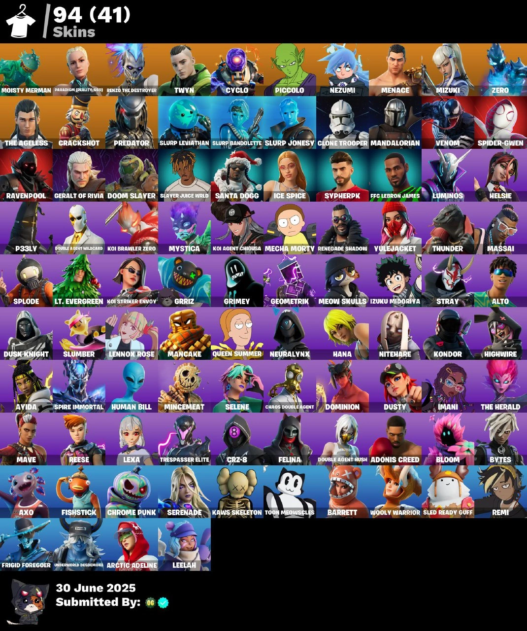 💜94 SKINS💜PSN XBOX NINTENDO PC💜EMAIL MOISTY MERMAN KAWS SKELETON📌LEELAH✅FRIGID FOREGOER📌BARRETT REMI✅KOI AGENT CHIGUSA📌CYCLO CRACKSHOT RAVENPOOL✅VENOM LUMINOS📌DOMINION