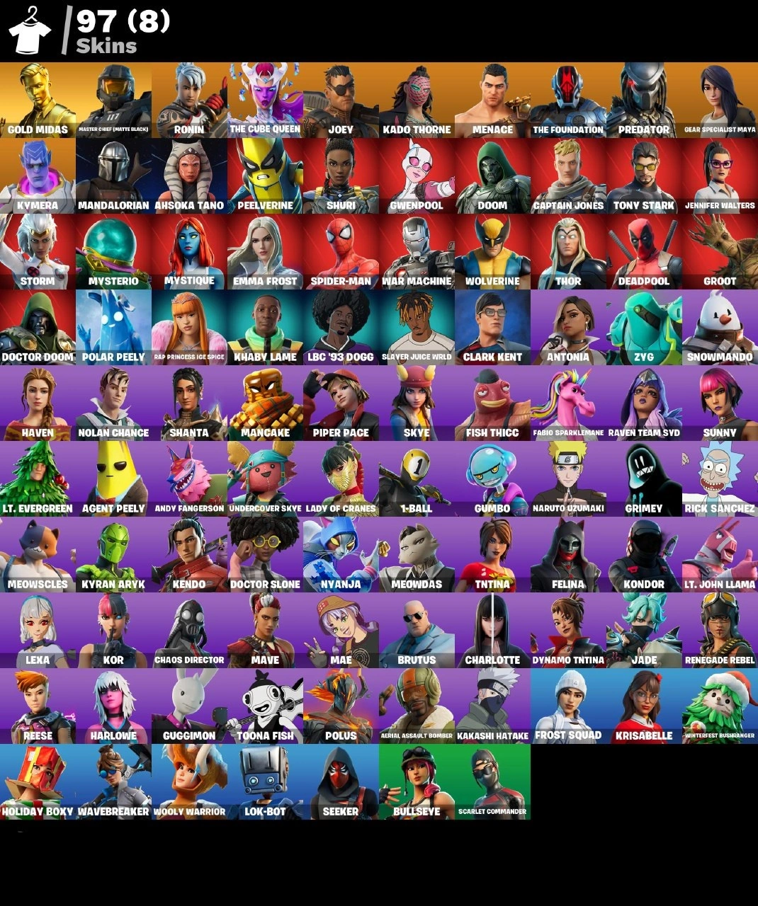 💜97 SKINS💜PSN XBOX NINTENDO PC💜STW💜EMAIL💜400-vBUCKS MASTER CHIEF(MATTLE BLACK)📌RAP PRINCESS ICE SPICE✅GRIMEY📌POLUS✅KYRAN ARYK📌NARUTO UZUMAKI✅TOONA FISH — image 1