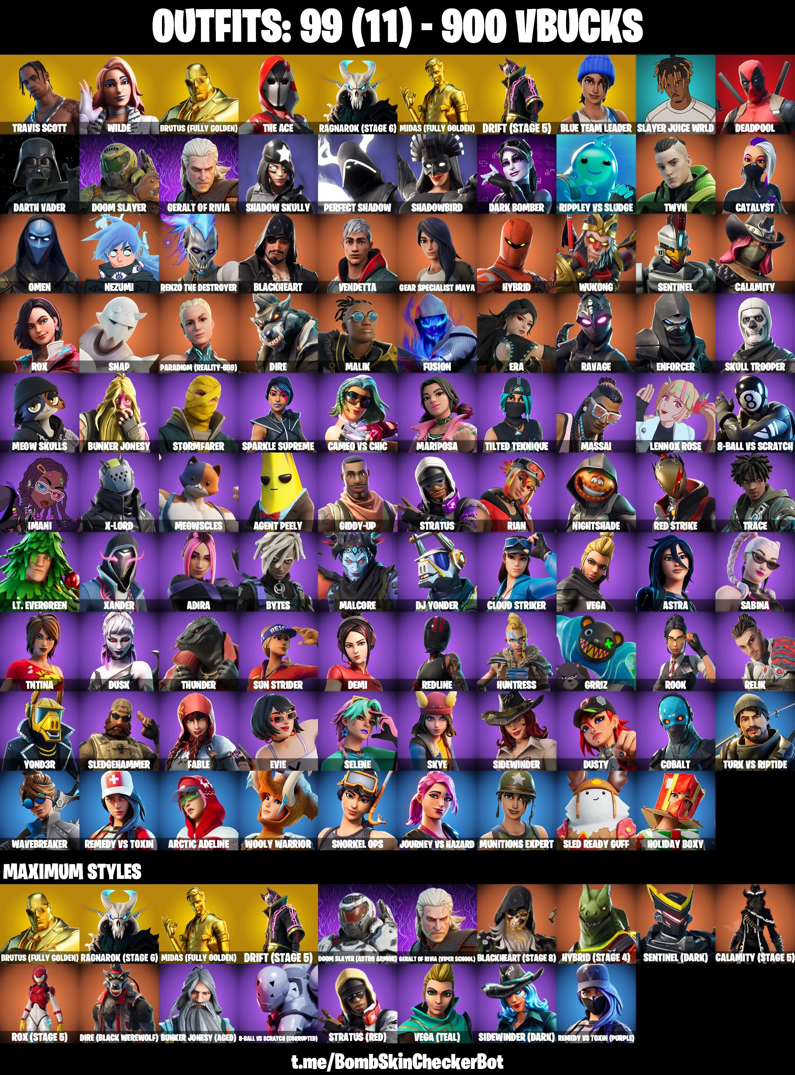 99 Skins|Travis Scott,Hot Marat,Take The Elf,Wilde,Midas Fully Golden,Crowbar,The Silencer,Sing Along,Blue Team Leader,Ragnarok Stage 6,Drift Stage 5,Orange Jus — image 1