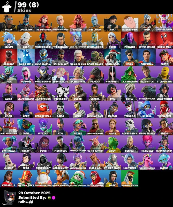 99 skins | Malik | Omegarok | The Imagined | Paradigm (Reality-659) | Valeria | The Origin | Era | Peter Griffin | Ronin | The Cube Queen | 1300 VB