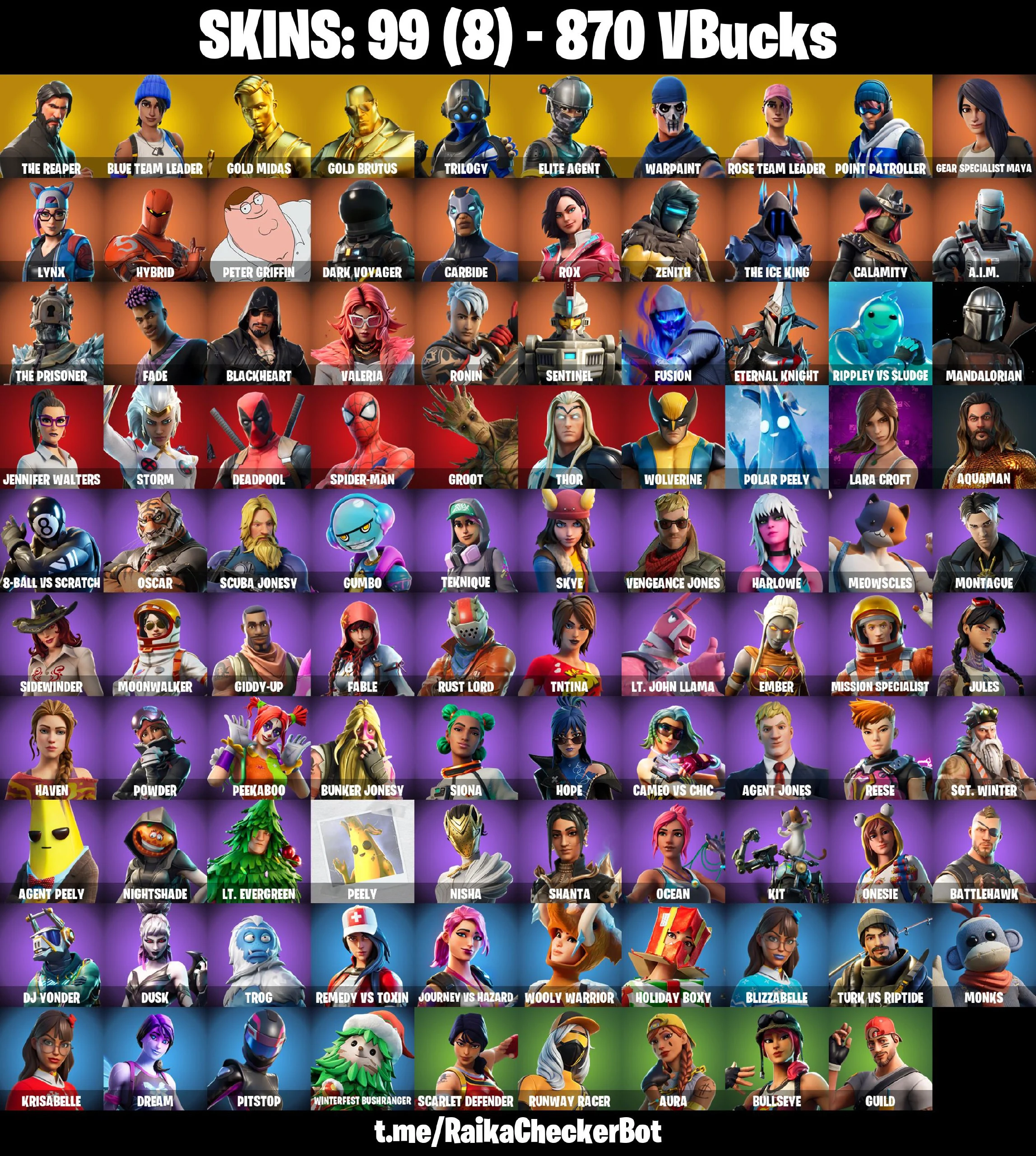 99 SKINS | OG STW | The Reaper | Gold Midas | Dream | Take The L | Lara Croft | Monks | [PC/PSN/XBOX] | 870 VB