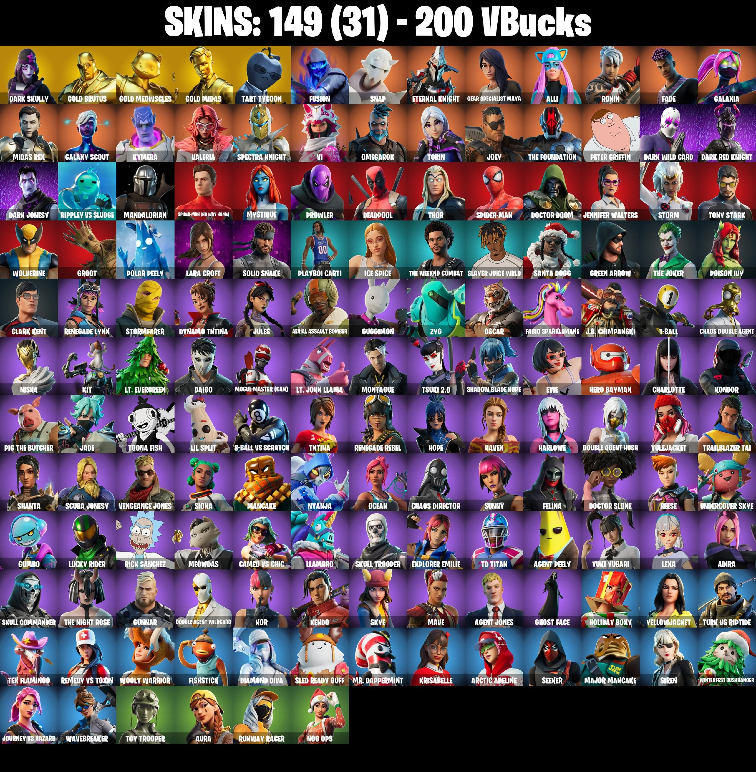 (PC/PSN/XBOX) 149 SKINS π« Dark Skully β‘οΈ Gold Brutus π Gold Meowscles β‘οΈ Gold Midas π Tart Tycoon β‘οΈ Fusion π Snap | 200 V-Buck | PARENTAL CONTROLS β image 2