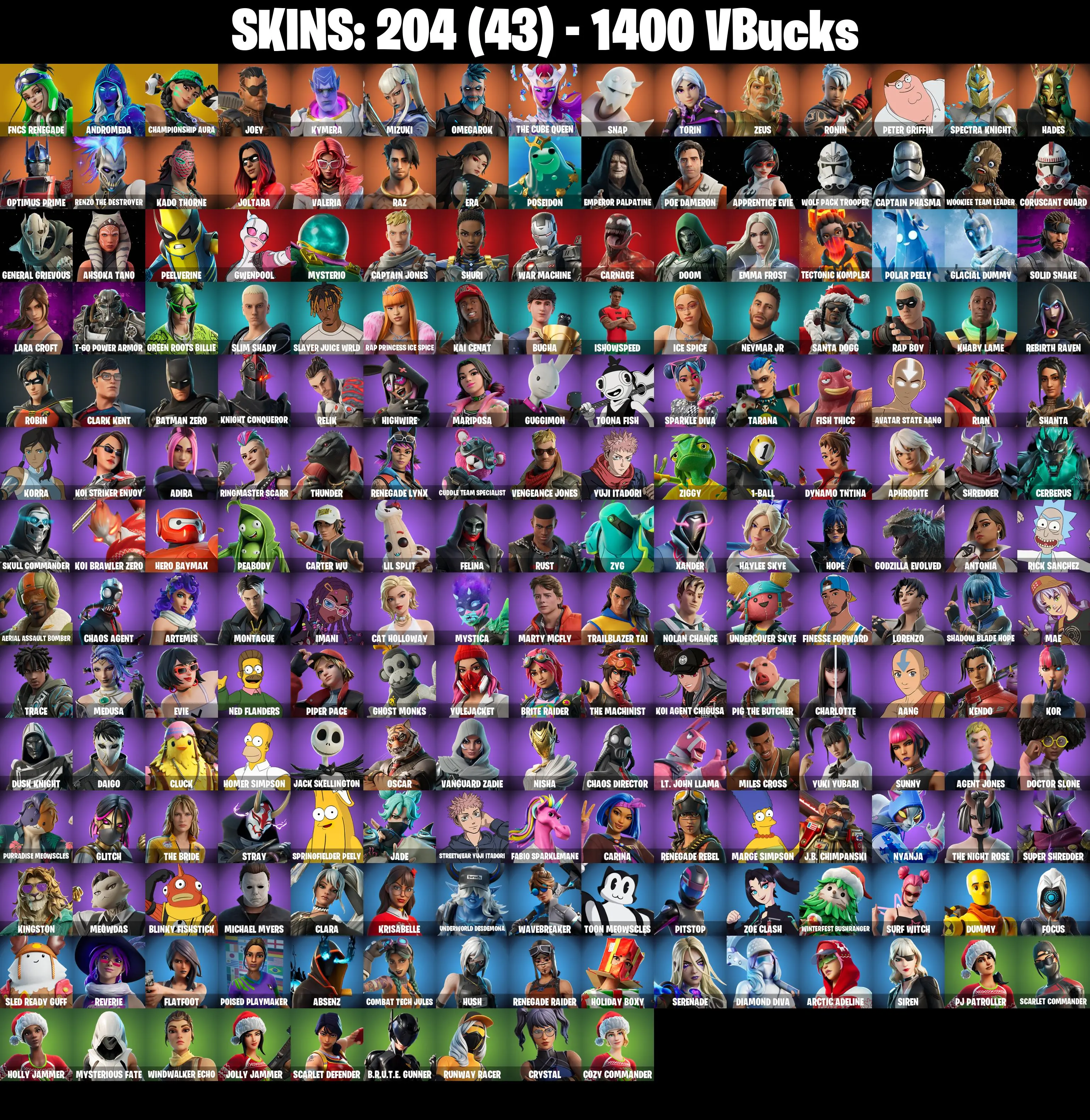 (PC/PSN/XBOX) 204 SKINS π« Renegade Raider β‘οΈ FNCS Renegade π Andromeda β‘οΈ Championship Aura π Joey β‘οΈ Kymera π Mizuki β‘οΈ Omegarok | 1400 V-Buck | PARENTAL CONTROLS β image 2