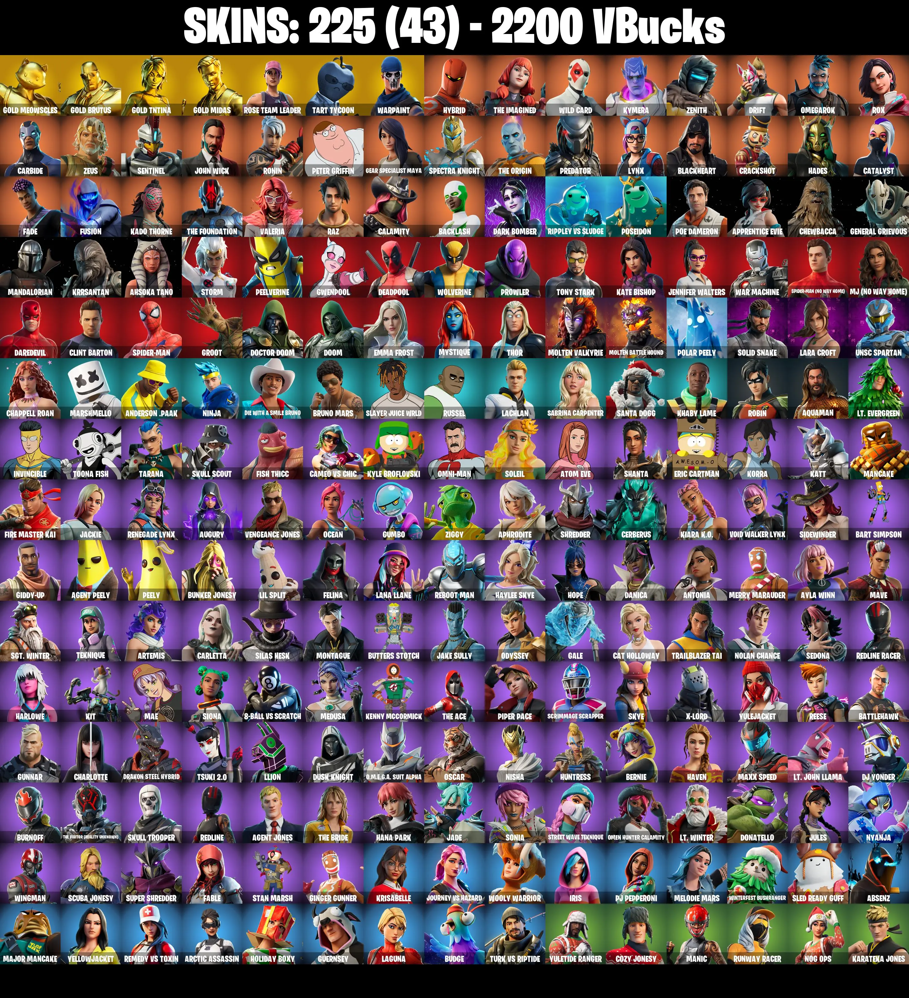 (PC/PSN/XBOX) 225 SKINS π« Gold Meowscles β‘οΈ Gold Brutus π Gold TNTina β‘οΈ Gold Midas π Tart Tycoon β‘οΈ Hybrid π The Imagined | 2200 V-Buck | PARENTAL CONTROLS β image 2
