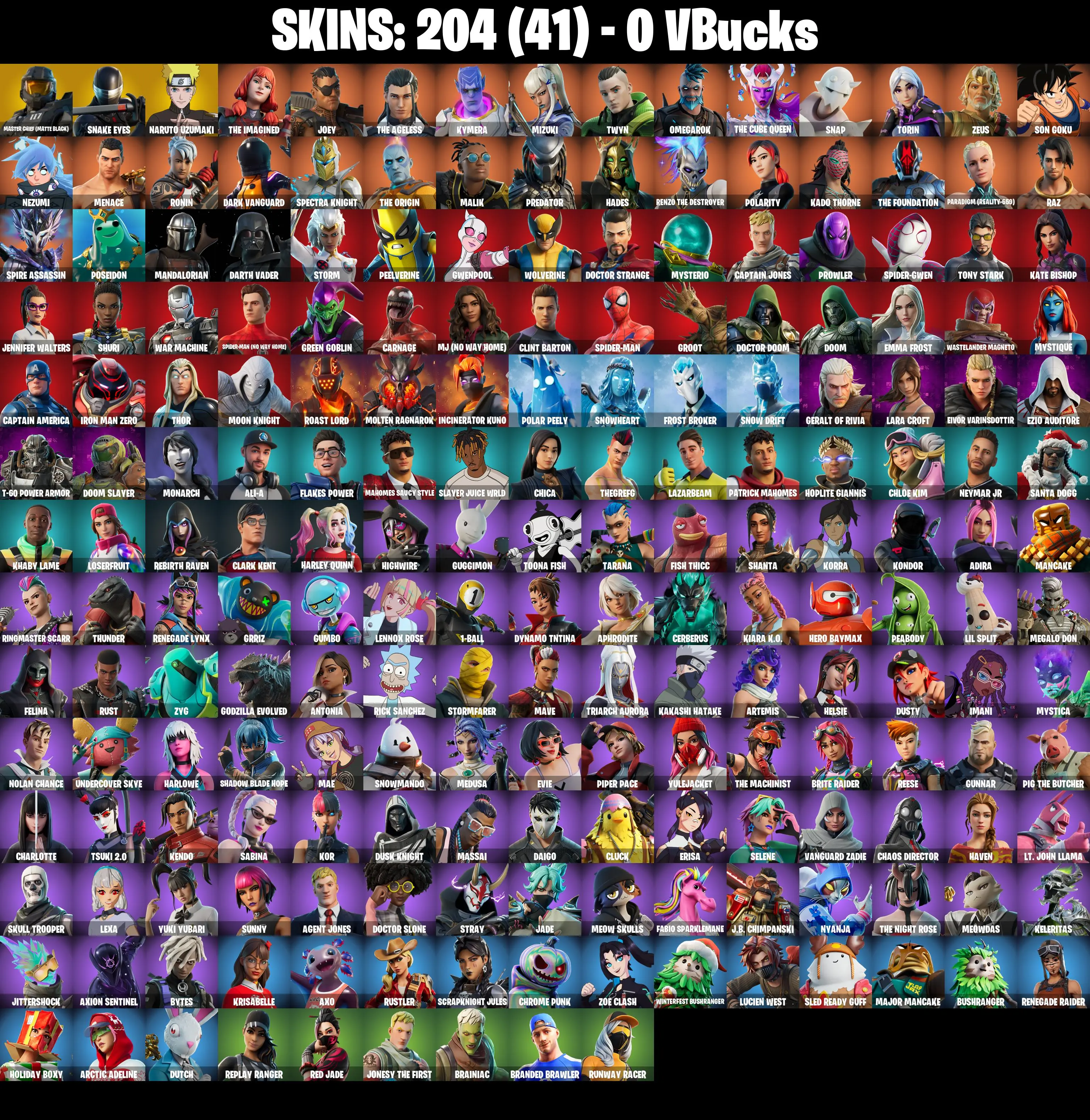 (PC/PSN/XBOX) 204 SKINS π« Renegade Raider β‘οΈ Master Chief (Matte Black) π Snake Eyes β‘οΈ Naruto Uzumaki π The Imagined β‘οΈ Joey | 0 V-Buck | PARENTAL CONTROLS β image 2