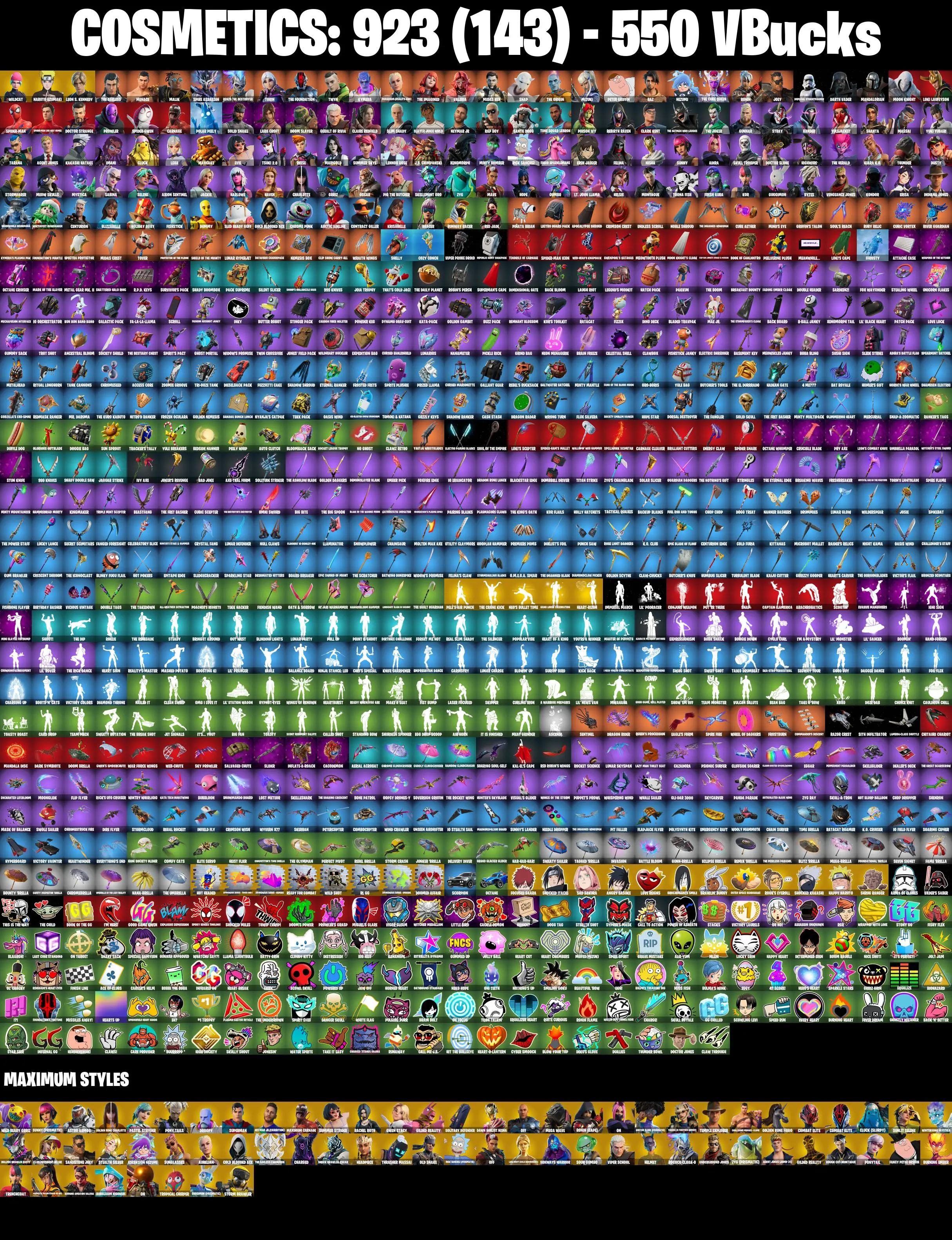 (PC/XBOX) 136 SKINS π₯ Wildcat π₯ Naruto Uzumaki π₯ Leon S. Kennedy π₯ The Ageless π₯ Menace π₯ Malik π₯ Spire Assassin π₯ Renzo the Destroyer π₯ Torin π₯ 550 V-Buck | PARENTAL CONTROLS β image 3