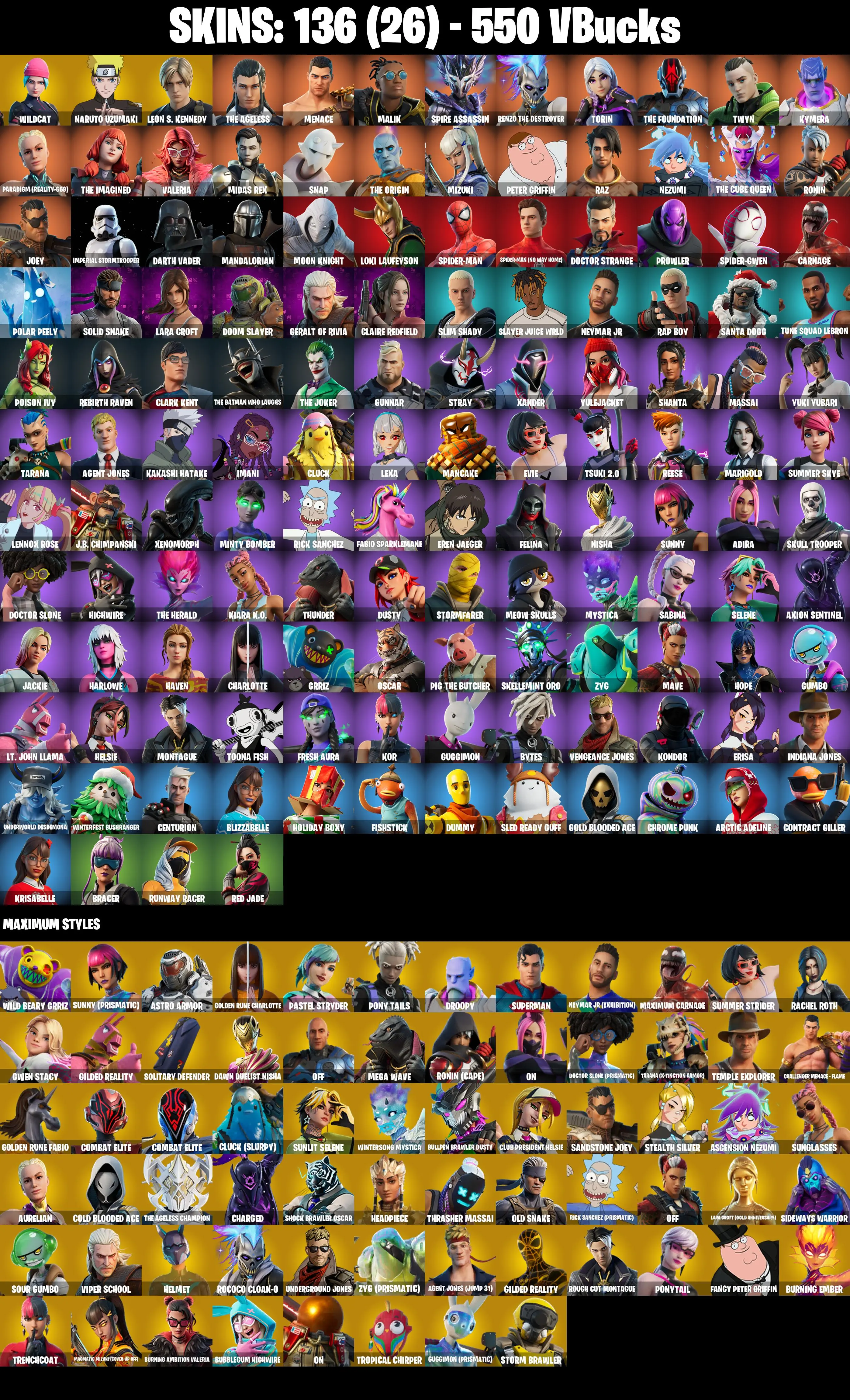 (PC/XBOX) 136 SKINS π₯ Wildcat π₯ Naruto Uzumaki π₯ Leon S. Kennedy π₯ The Ageless π₯ Menace π₯ Malik π₯ Spire Assassin π₯ Renzo the Destroyer π₯ Torin π₯ 550 V-Buck | PARENTAL CONTROLS β image 2