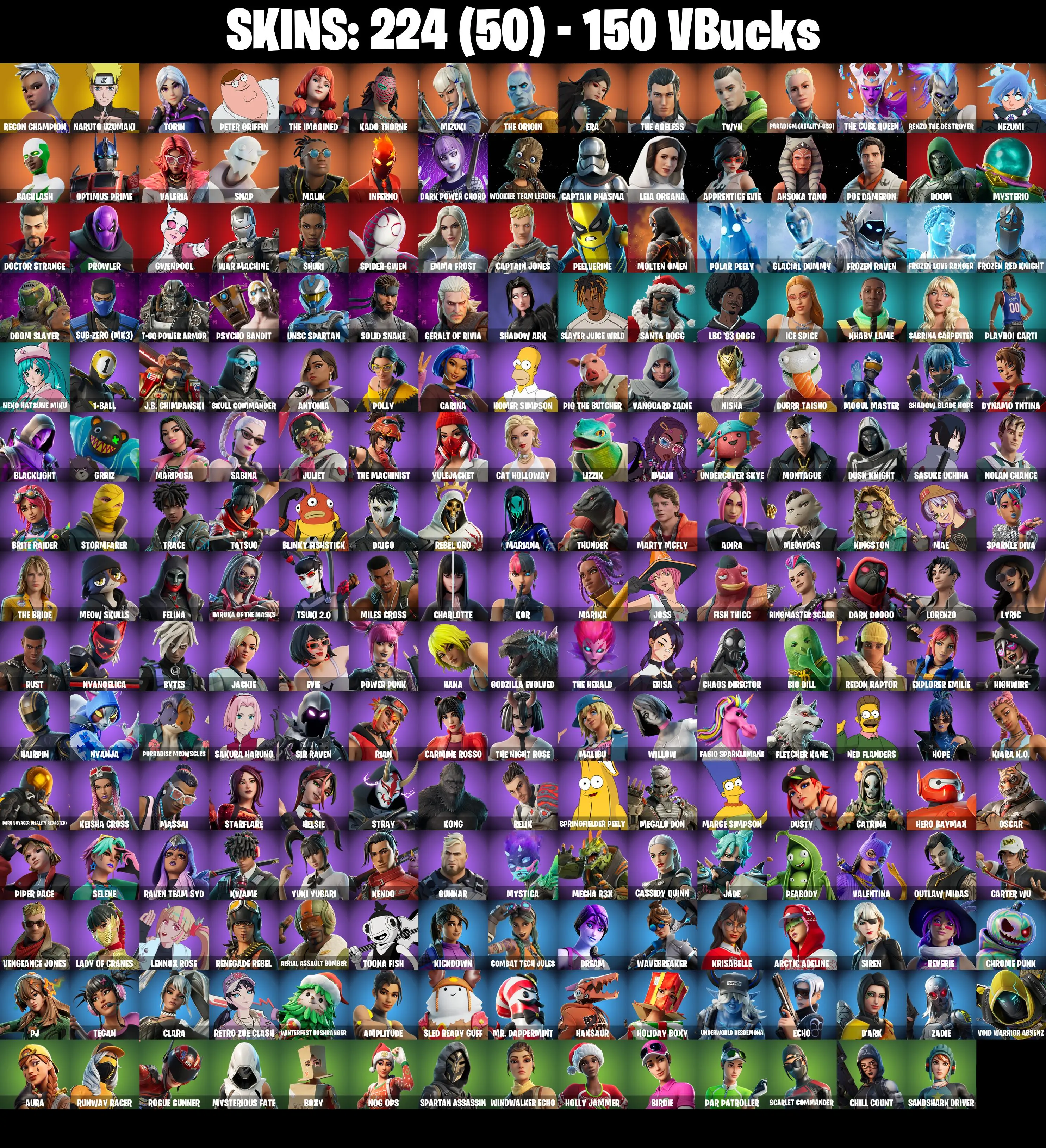 (PC/PSN/XBOX) 224 SKINS π« Recon Champion β‘οΈ Naruto Uzumaki π Torin β‘οΈ Peter Griffin π The Imagined β‘οΈ Kado Thorne π Mizuki | 150 V-Buck | PARENTAL CONTROLS β image 2