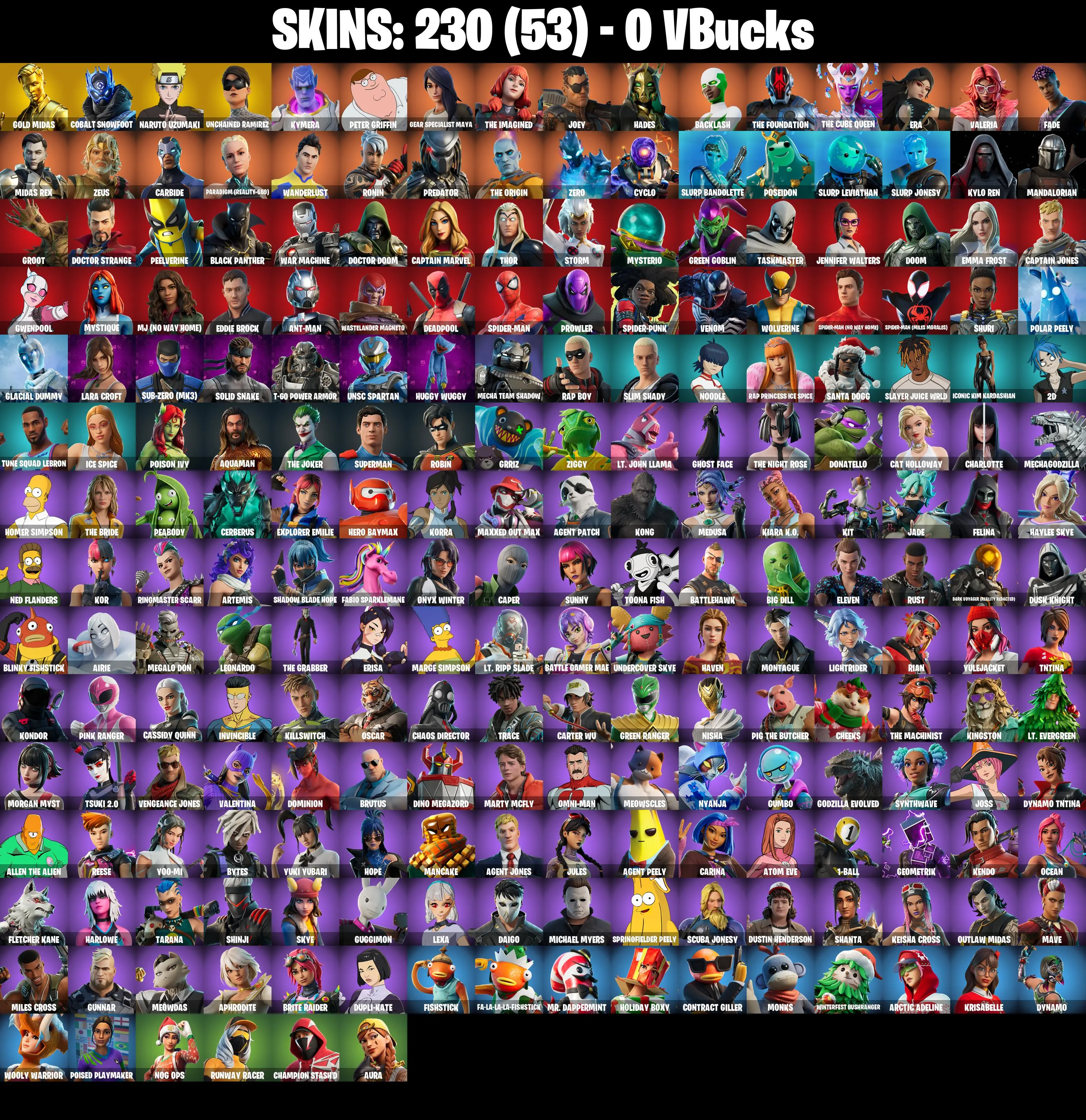 (PC/PSN/XBOX) 230 SKINS π« Gold Midas β‘οΈ Cobalt Snowfoot π Naruto Uzumaki β‘οΈ Unchained Ramirez π Kymera β‘οΈ Peter Griffin | 0 V-Buck | PARENTAL CONTROLS β image 2