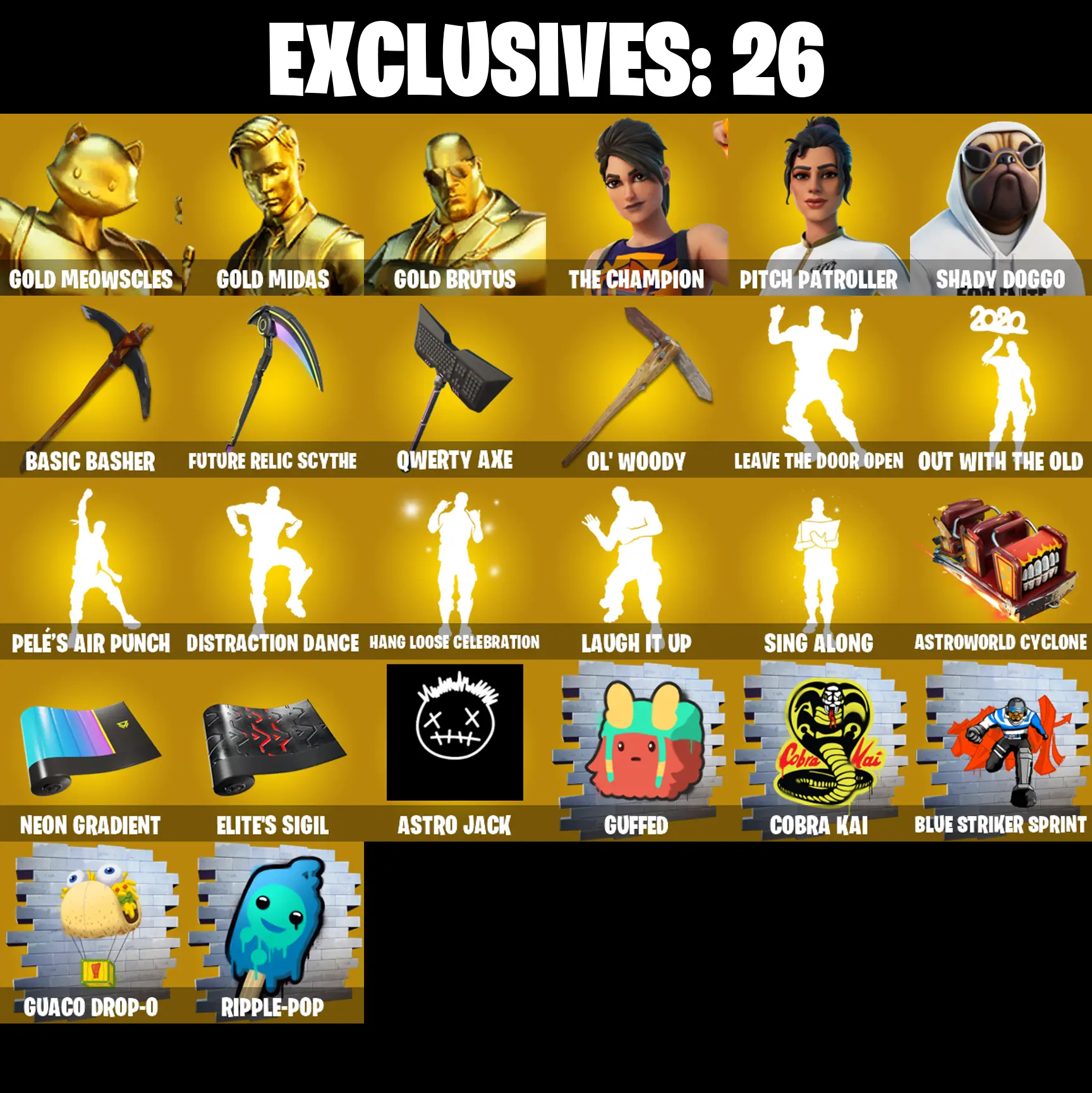 (PC/PSN/XBOX) 231 SKINS π« Gold Meowscles β‘οΈ Gold Midas π Gold Brutus β‘οΈ The Champion π Pitch Patroller β‘οΈ Shady Doggo | 1150 V-Buck | PARENTAL CONTROLS β image 1