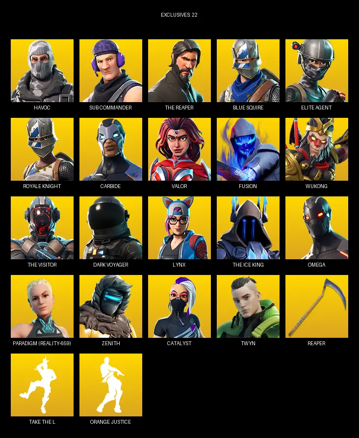 [PC/PSN/XBOX] | 66 skins | Take The L | Royale Knight | The Reaper | Elite Agent | Blue Squire | Omega | Havoc | Sub Commander | Carbide | #HDA8924