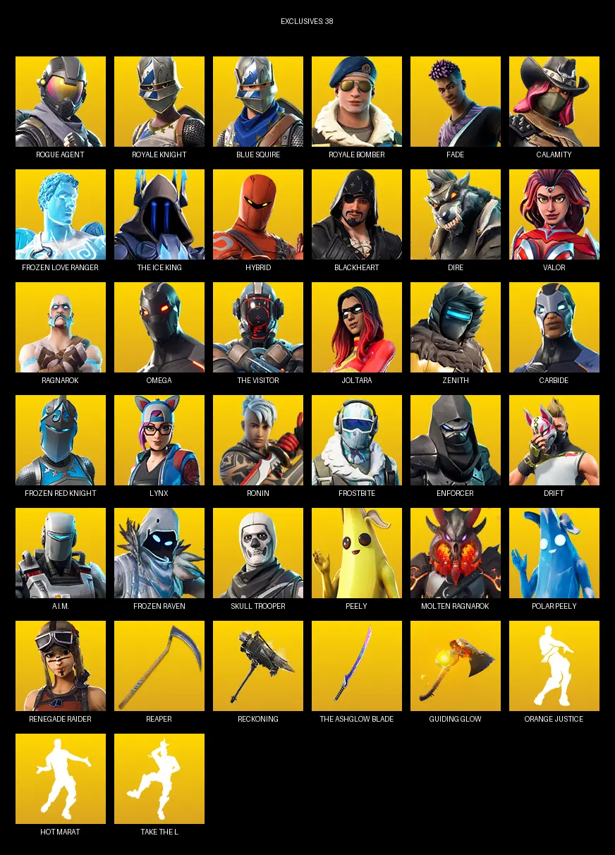 [PC/PSN/XBOX] | 109 skins | Take The L | Renegade Raider | Royale Knight | Blue Squire | Omega | Rogue Agent | Royale Bomber | Fade | #DAY0422