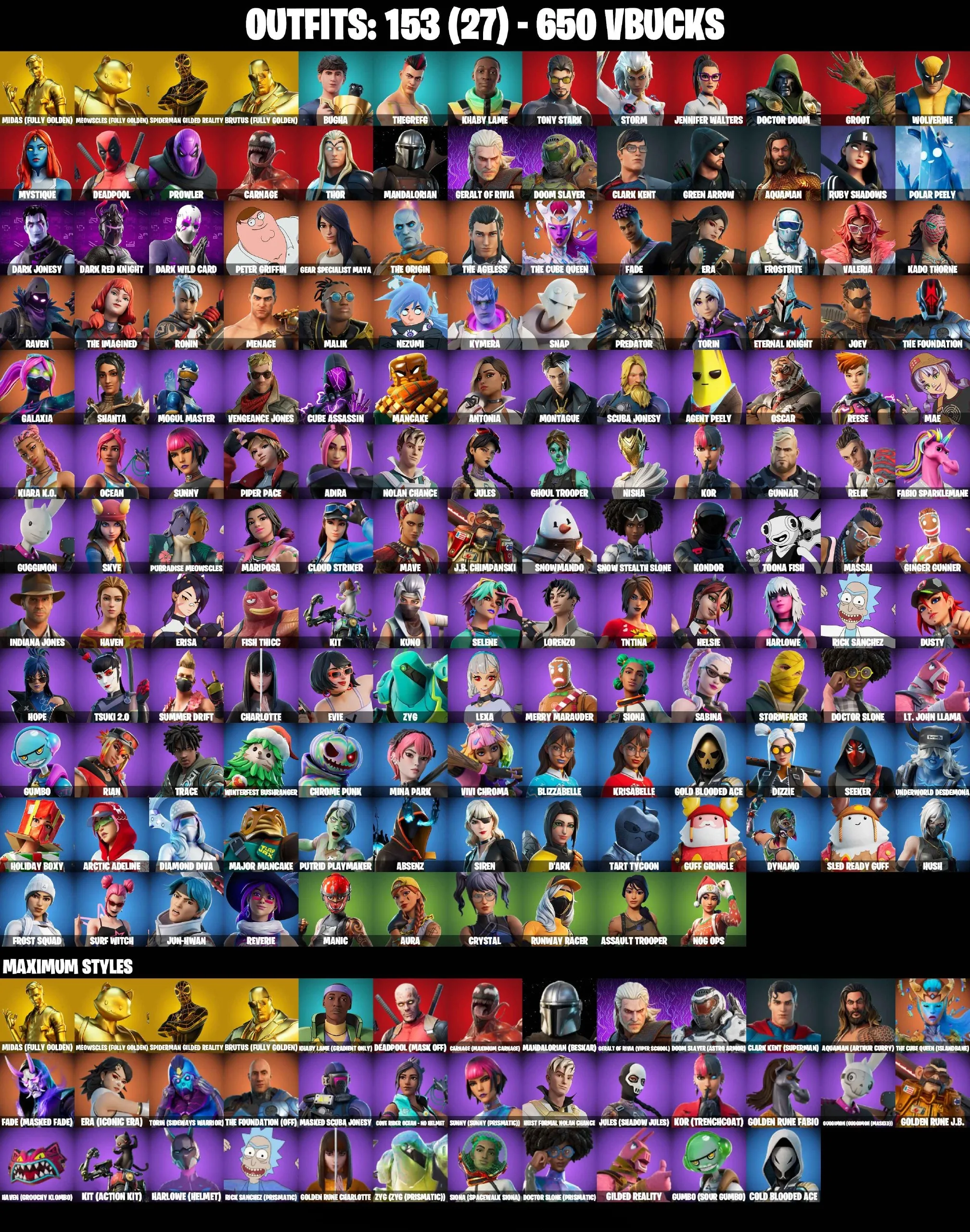 153 SKINS | RAGE , SPIDERMAN (GILDED REALITY) , MIDAS (FULLY GOLDEN) , GHOUL TROOPER , SURF WITCH , GALAXIA , REAPER AXE , STAR WAND | CHANGEABLE EMAIL — image 1