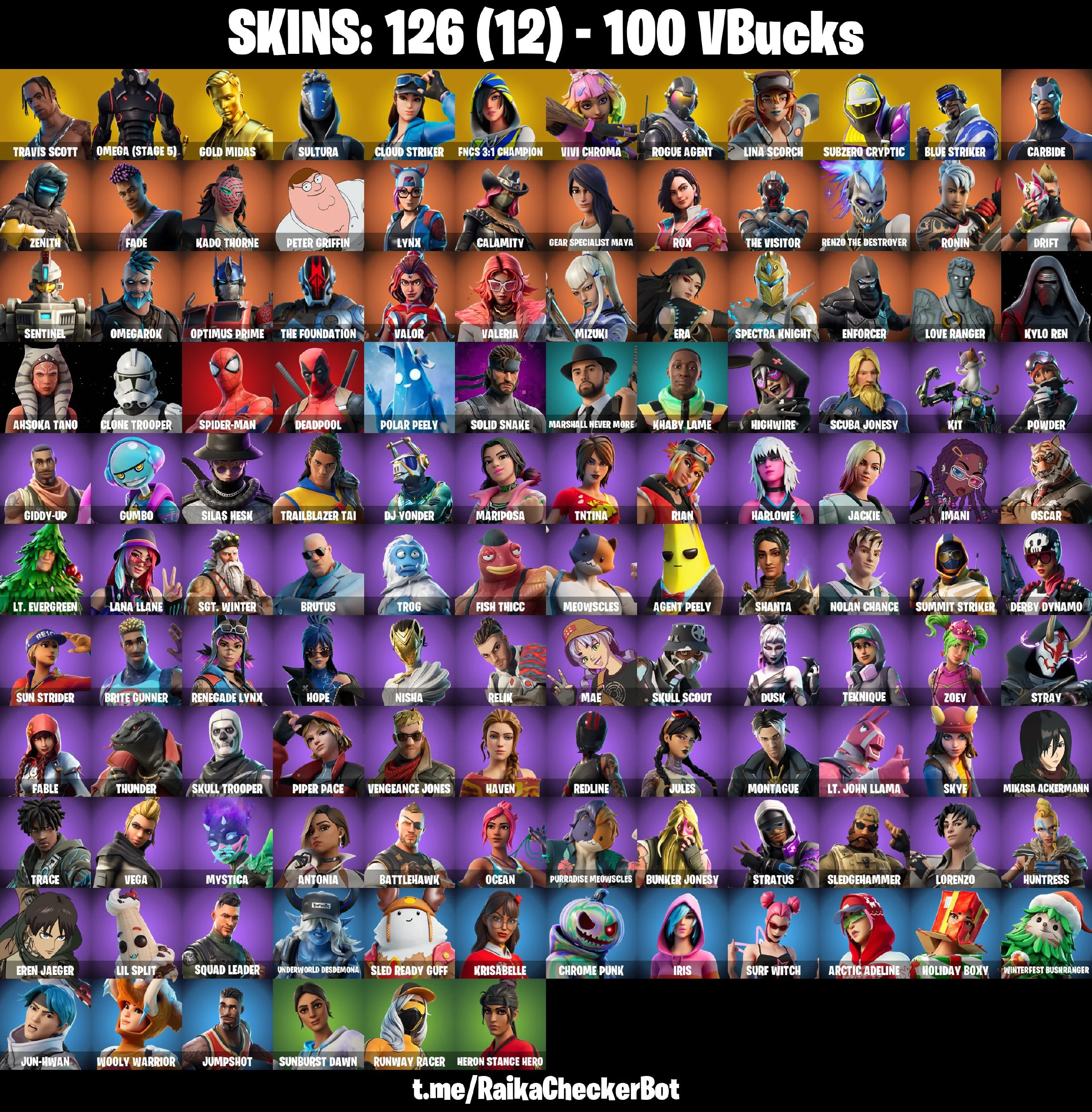 ๐โจ RARE ACCOUNT โจ๐ 126 SKINS ๐ TRAVIS SCOTT ๐ OMEGA (STAGE 5) ๐ GOLD MIDAS ๐ SULTURA ๐ CLOUD STRIKER ๐ FNCS 3:1 CHAMPION ๐ VIVI CHROMA ๐ ROGUE AGENT ๐ LINA SCORCH ๐ 100 VB ๐ PSN/XBOX/PC โ image 1
