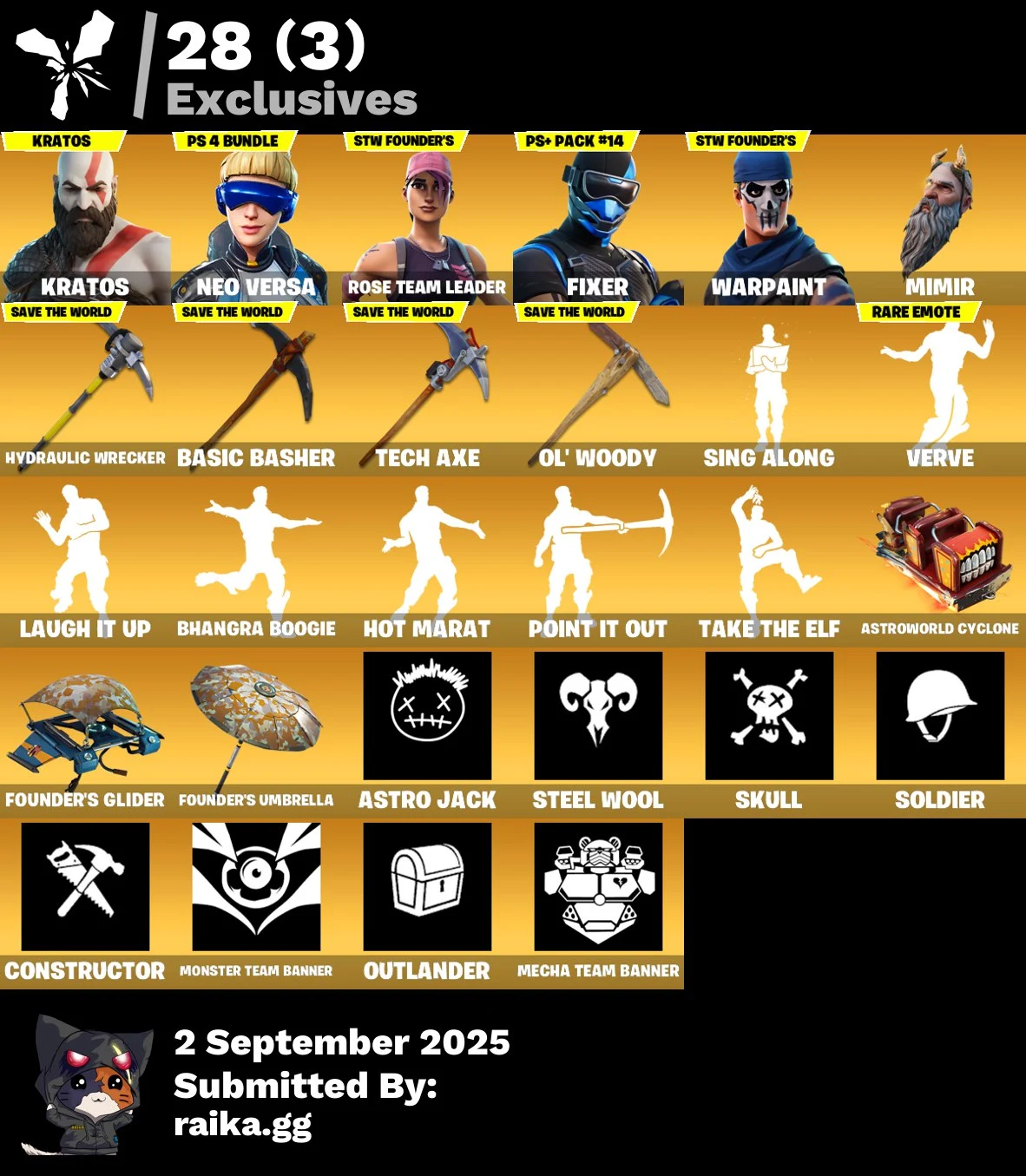 [PC | PSN | XBOX] 143 skins | OG STW | Kratos | Neo Versa | Fixer | Fade | Ronin | Kymera | The Cube Queen | Luxe | Rox | Vendetta | Blackheart | The Scientist | 740 VB