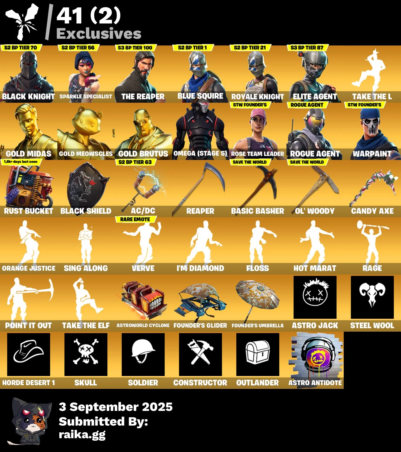 [PC | PSN | XBOX] 142 skins | OG STW | Black Knight | Sparkle Specialist | The Reaper | Blue Squire | Royale Knight | Take The L | Elite Agent | Gold Midas | Gold Meowscles | 940 VB