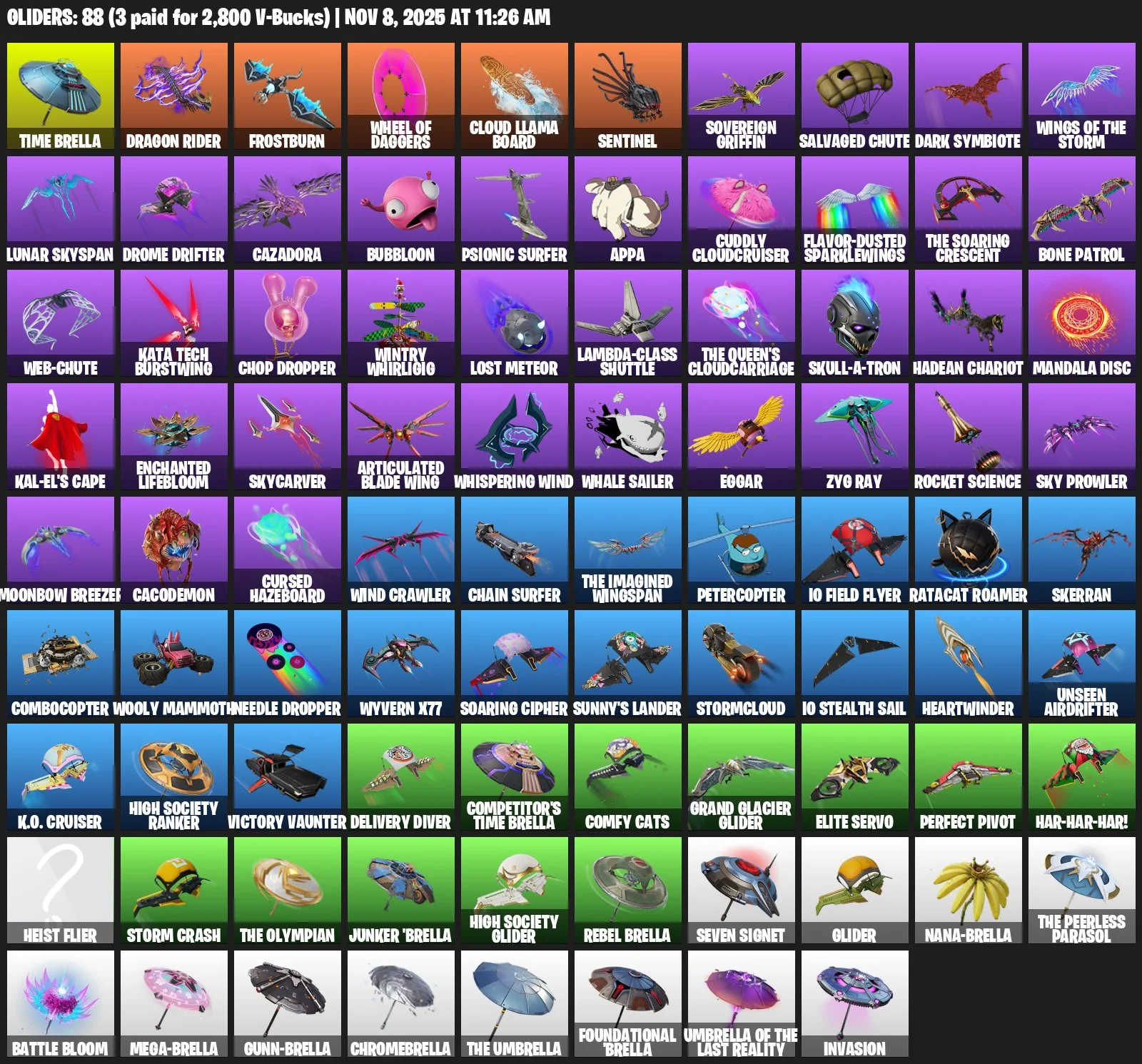 Fortnite ⸱ 94 Skins ⸱ 110 Pickaxes ⸱ 88 Hang Gliders — image 4