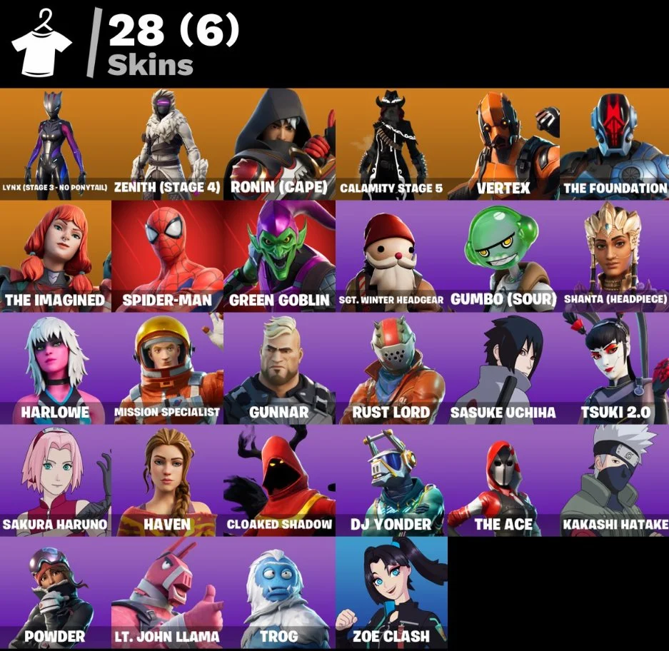 Fortnite ⸱ 28 Skins ⸱ Lynx, Zenith, Ronin, Calamity, Vertex, The Foundation, Spider-Man — image 1
