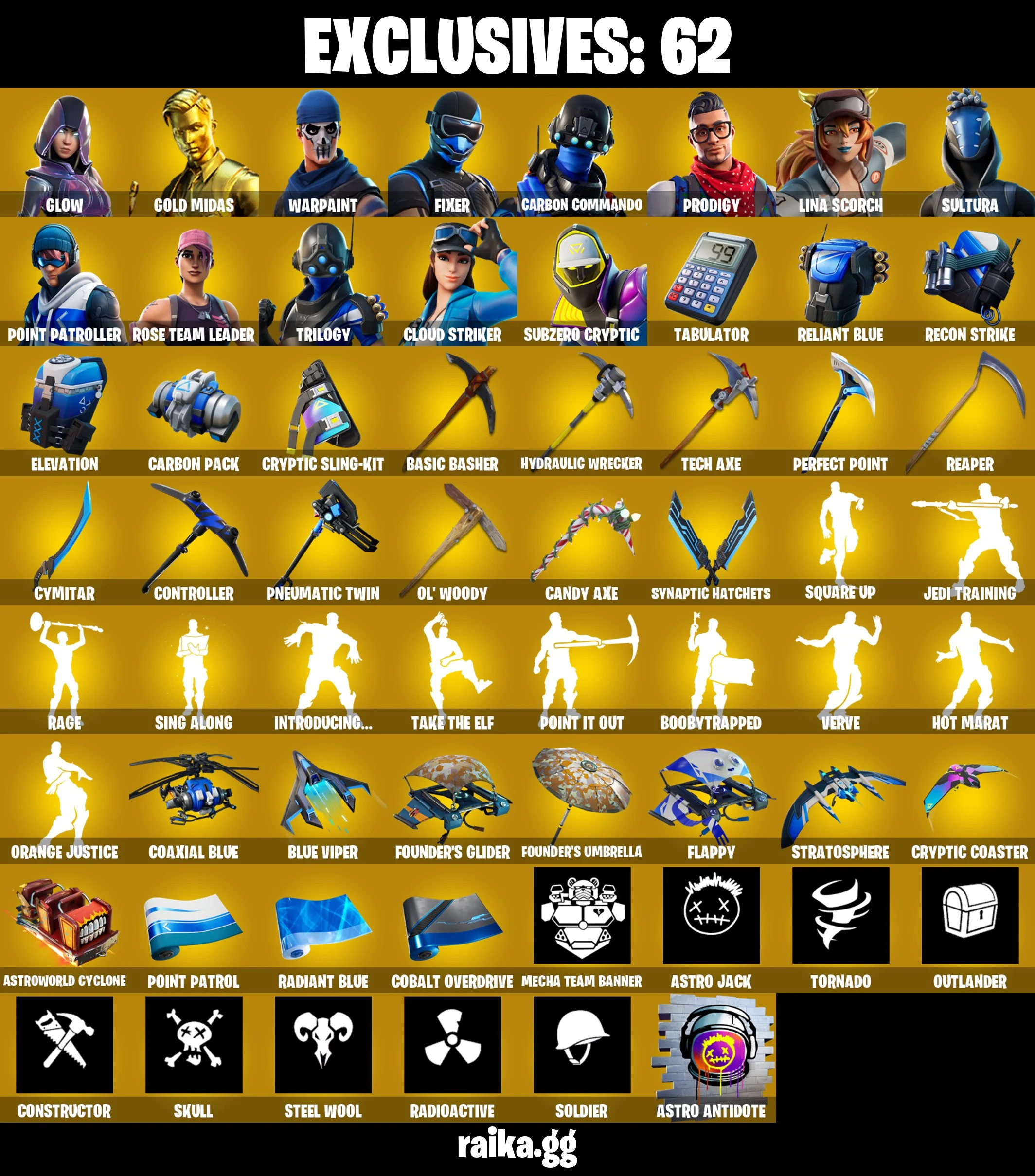 β (PSN/XBOX/PC) 140 SKINS
πͺ OG STW
β¨ GLOW
π GOLD MIDAS
π§ FIXER
π‘οΈ CARBON COMMANDO
π§ PRODIGY
π₯ LINA SCORCH
π‘οΈ SULTURA
π POINT PATROLLER
π¬ TRILOGY
βοΈ CLOUD STRIKER β image 1