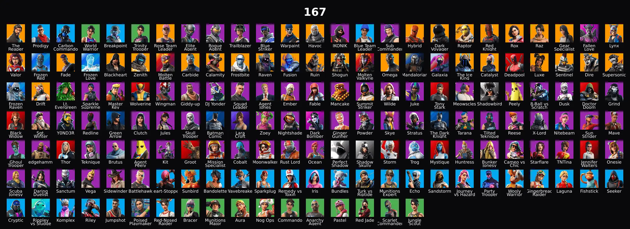 PC,PSN,XBOX 167 SKINS FA ⸱ STW ⸱ IKONIK ⸱ REAPER ⸱ MERRY MINT AXE ⸱ GALAXIA,SHOGUN,TONY STARK,CLUTCH&GRIND,BLACK WIDOW ⸱ TAKE THE L RK2096 — image 1