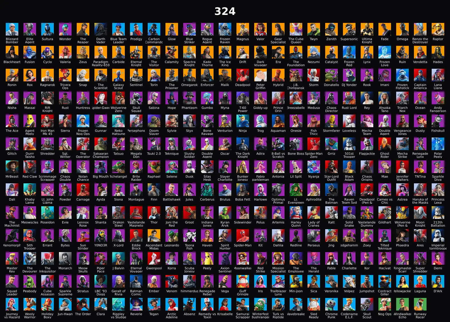 PC,PSN,XBOX 324 SKINS FA ⸱ WONDER ⸱ GLOW ⸱ REAPER ⸱ OMEGA,CYCLO,GALAXY SCOUT,GLITCH,GHOST RIDER,BLACK ADAM,EDDIE BROCK,PHAEDRA,KOR ⸱ TAKE THE L RK1841 — image 1