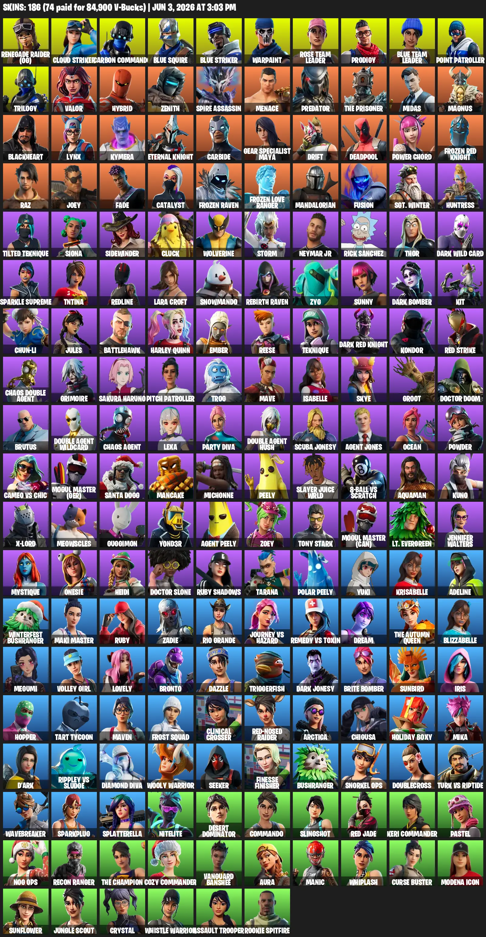 [PSN/XBOX/PC] 186 skins | OG STW | Renegade Raider (OG) 🎉 Chun-Li 🎉 Leviathan Axe 🎉 Blue Squire 🎉 Harley Quinn 🎉 Mako 🎉 Lara Croft 🎉 Kuno | Full Access