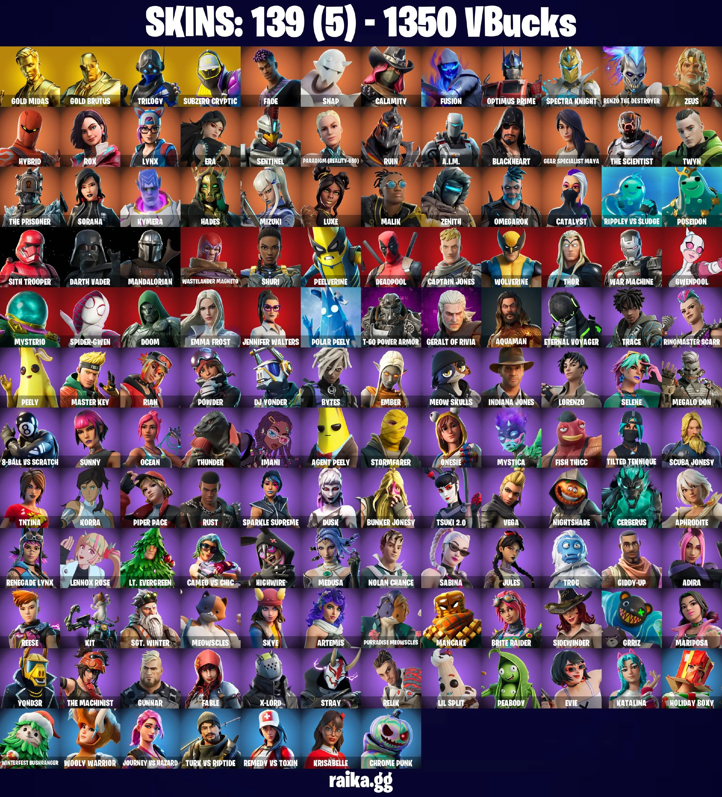 ๐ดโฆ๏ธ EXCLUSIVE OFFER โฆ๏ธ๐ด 139 skins ๐ Gold Midas ๐ Gold Brutus ๐ Trilogy ๐ Subzero Cryptic ๐ Fade ๐ Snap ๐ Calamity ๐ Fusion ๐ Optimus Prime ๐ Spectra Knight ๐ Renzo the Destroyer ๐ Zeus ๐ Hybrid ๐ Rox ๐ Lynx ๐ PC\PSN\XBOX\SWITCH ๐ โ image 2
