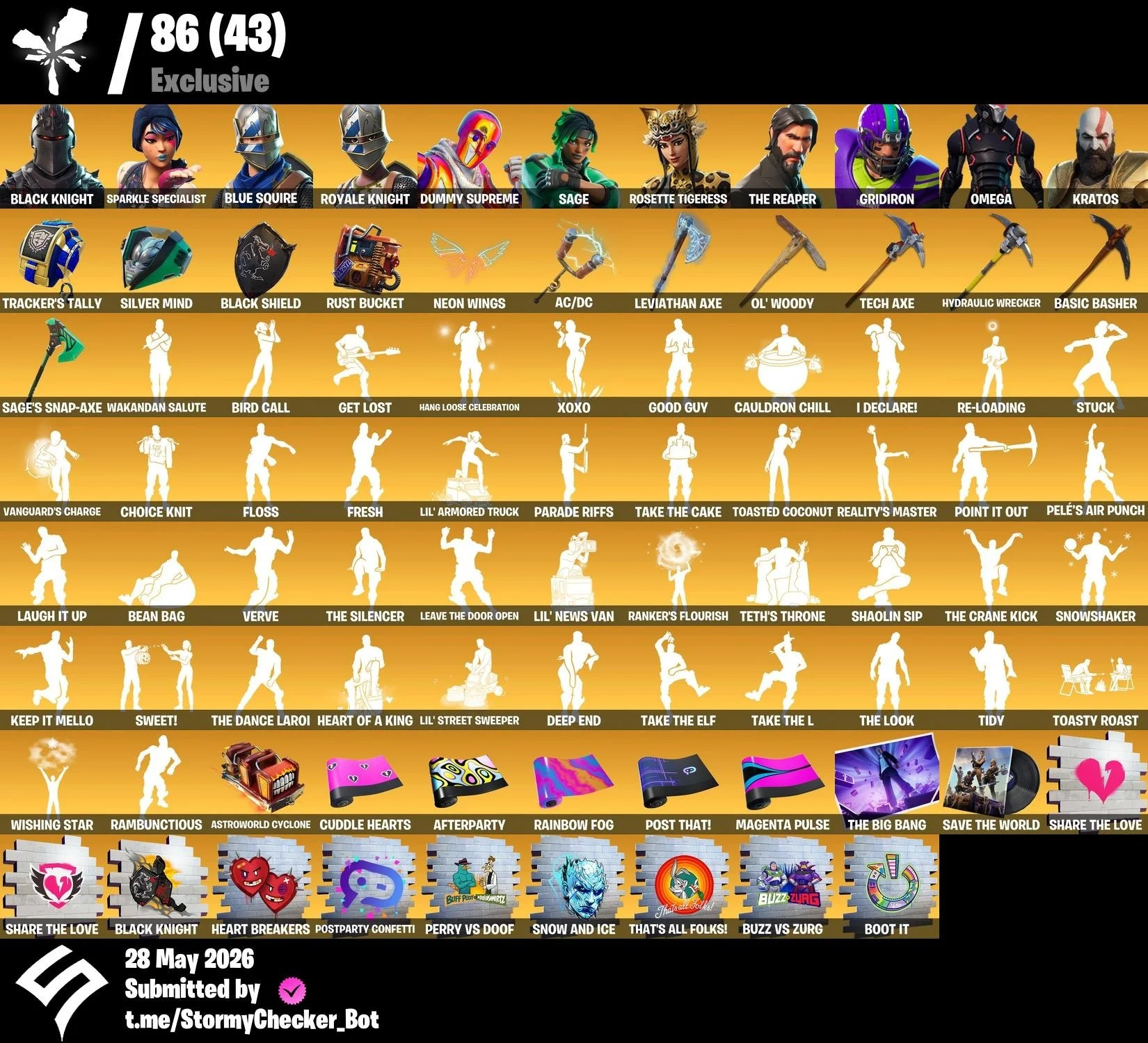 ⚡️PC/PSN/XBOX⚡️731 Skins 💎 634 Emotes 💎 Black Knight 💎 Sparkle Specialist 💎 Floss 💎 Take The L 💎 Leviathan Axe 💎 AC/DC 💎 The Reaper 💎 Omega Max 💎 Gold Kratos 💎 Get Griddy 💎 Backlash 💎 Chun-Li 💎 Shady Doggo 💎 Renegade Raider 💎 250 VB — image 1
