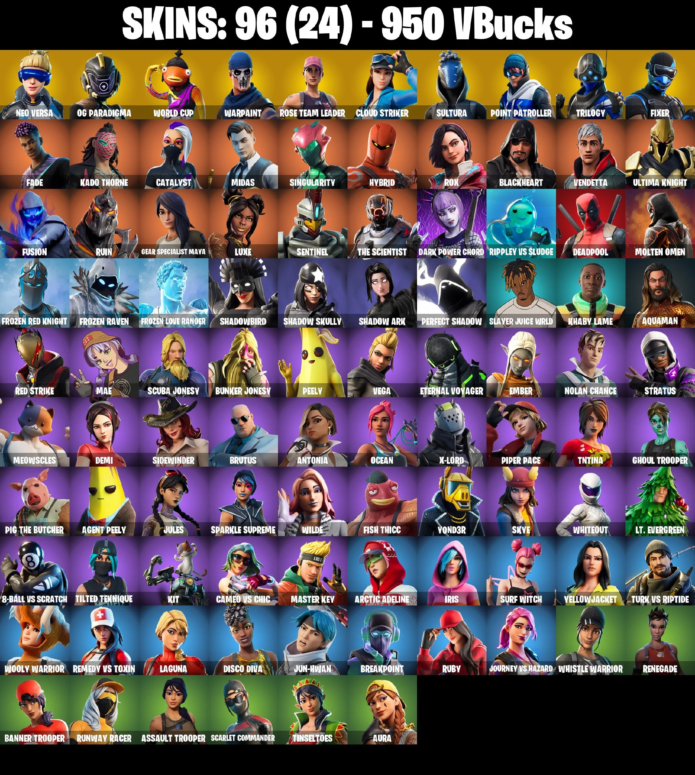 ⚡️PC/PSN/XBOX⚡️96 Skins 💎 OG STW 💎 Merry Mint Axe 💎 Neo Versa 💎 OG Paradigma 💎 Aura 💎 Peely 💎 Ghoul Trooper 💎 Deadpool 💎 Ruby 💎 Surf Witch 💎 Cloud Striker 💎 Sultura 💎 Point Patroller 💎 Trilogy 💎 Fixer 💎 Fade 💎 Kado Thorne 💎 950 VB — image 2