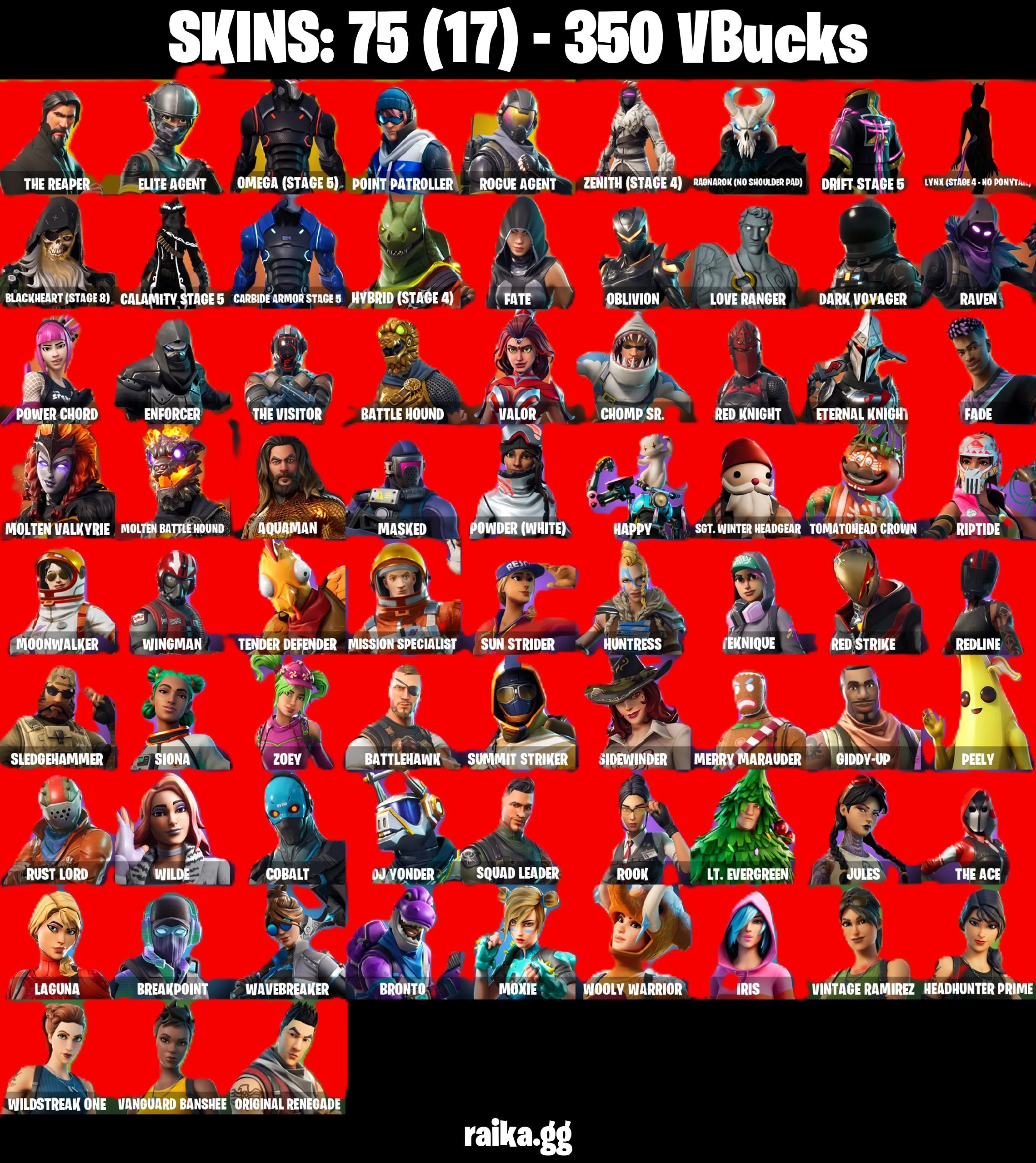 ⭐ Inactive for 5 years |  75 skins | The Reaper | Plasma Carrot | Elite Agent | Take The L | Omega (stage 5) | Point Patroller | Rogue Agent | Zenith (Stage 4) | Ragnarok (No Shoulder Pad) | 350 VB