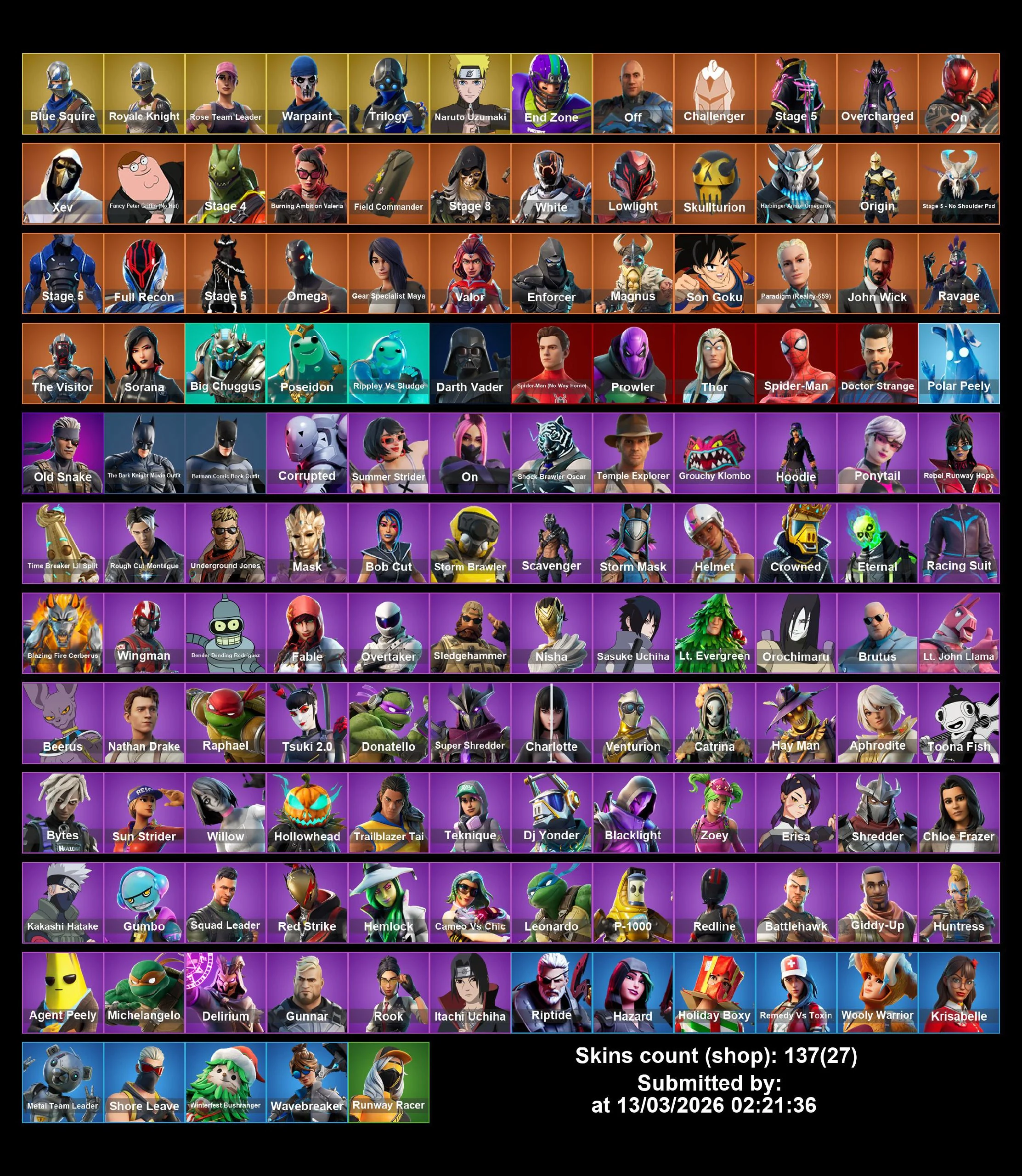(PC XBOX) 137 Skins 🕺Floss 🌟 Blue Squire 🔵 Royale Knight🎮 OG STW  🏰 Naruto Uzumaki 💖Omega 🌸Son Goku🚨SpiderMan🦇Batman🌀 End Zone 🏟️ Trilogy 🎬 Ronin ⚔️ The Imagined 💭🔏Full Access