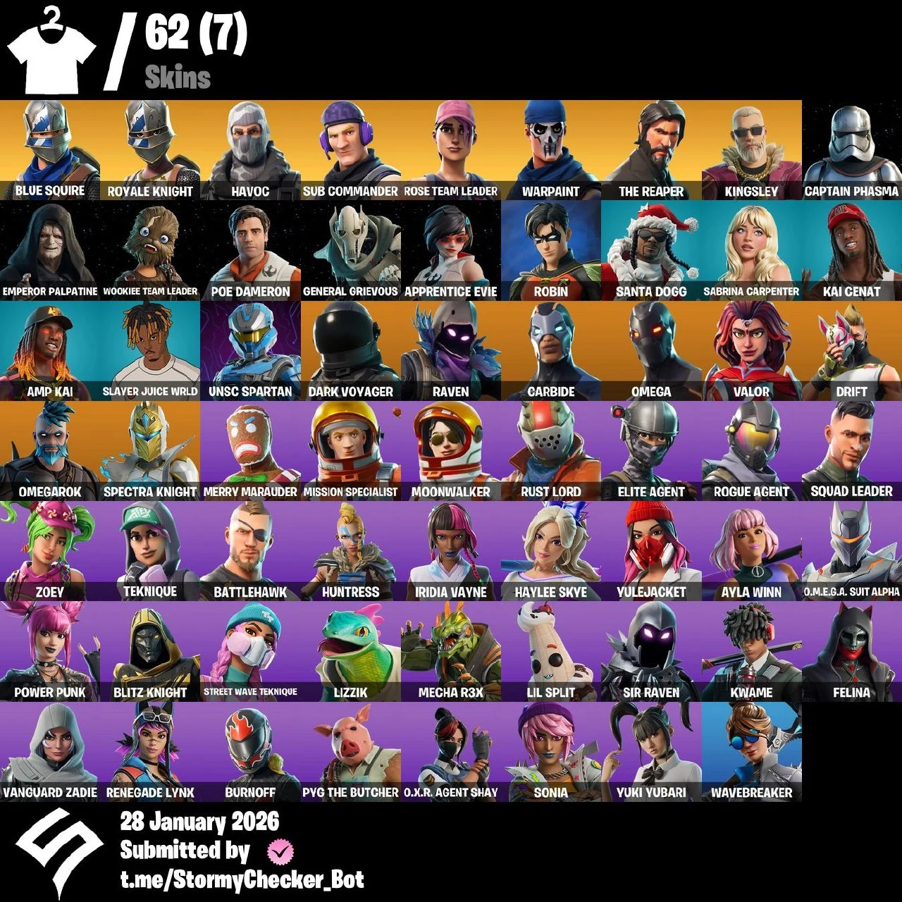 🎮 (PC XBOX) ❄️ 62 Skins 👻 Royale Knight 💀 Blue Squire 🕷️ The Reaper 🌚 Elite Agent ✨ Take The L  🌟 Ampi Kai 🪄 Merry Marauder ⭐ Havoc 🔥 Sub Commander 💸 Omega 🛡️ Sabrina Carpenter🔑 Full Email Access