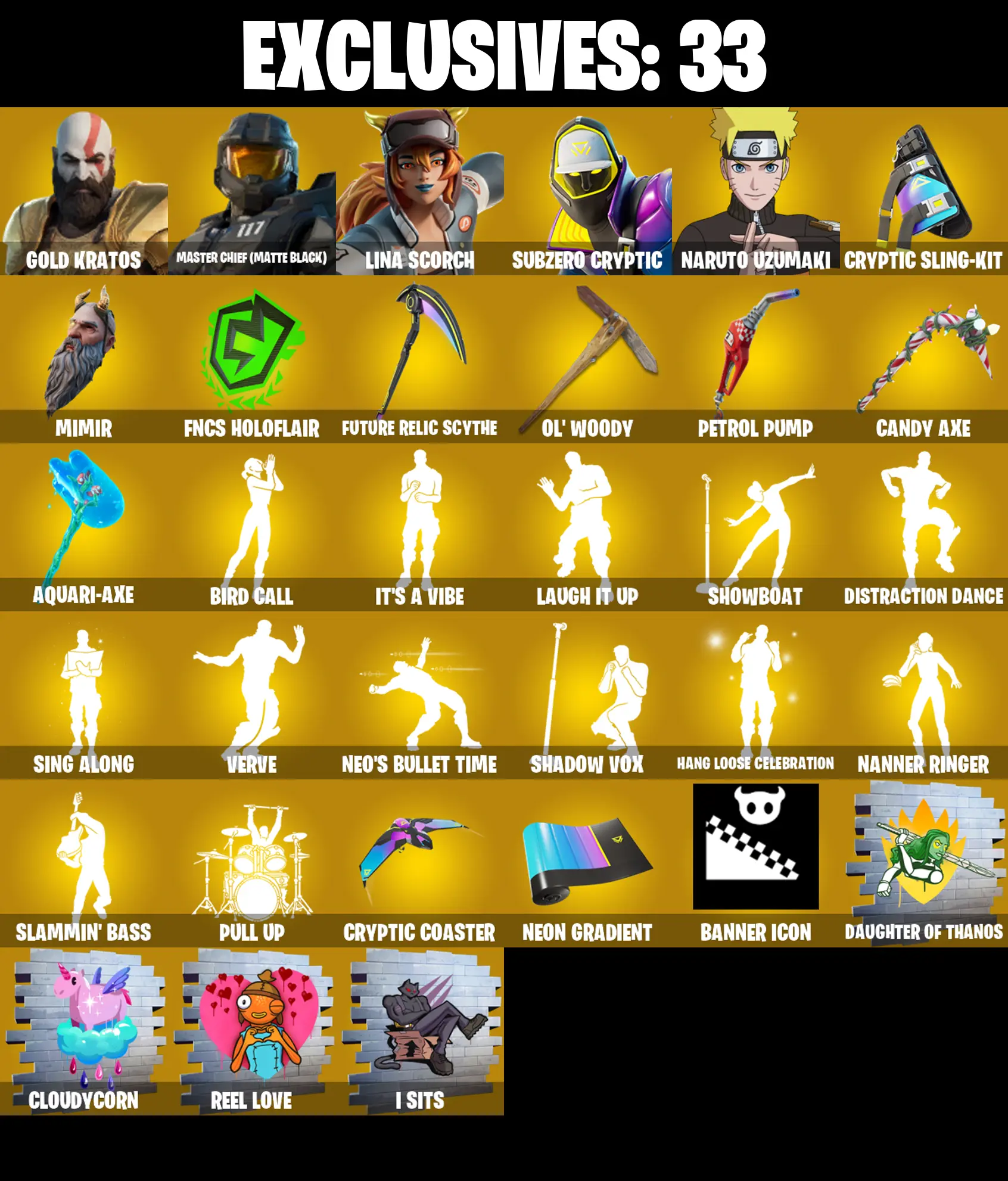 (PC/PSN/XBOX) 291 SKINS πAerial Assault Trooper π Gold Kratos π Master Chief (Matte Black) π Lina Scorch π Subzero Cryptic π Naruto Uzumaki π Vi π 100 V-Buck PARENTAL CONTROL β image 2