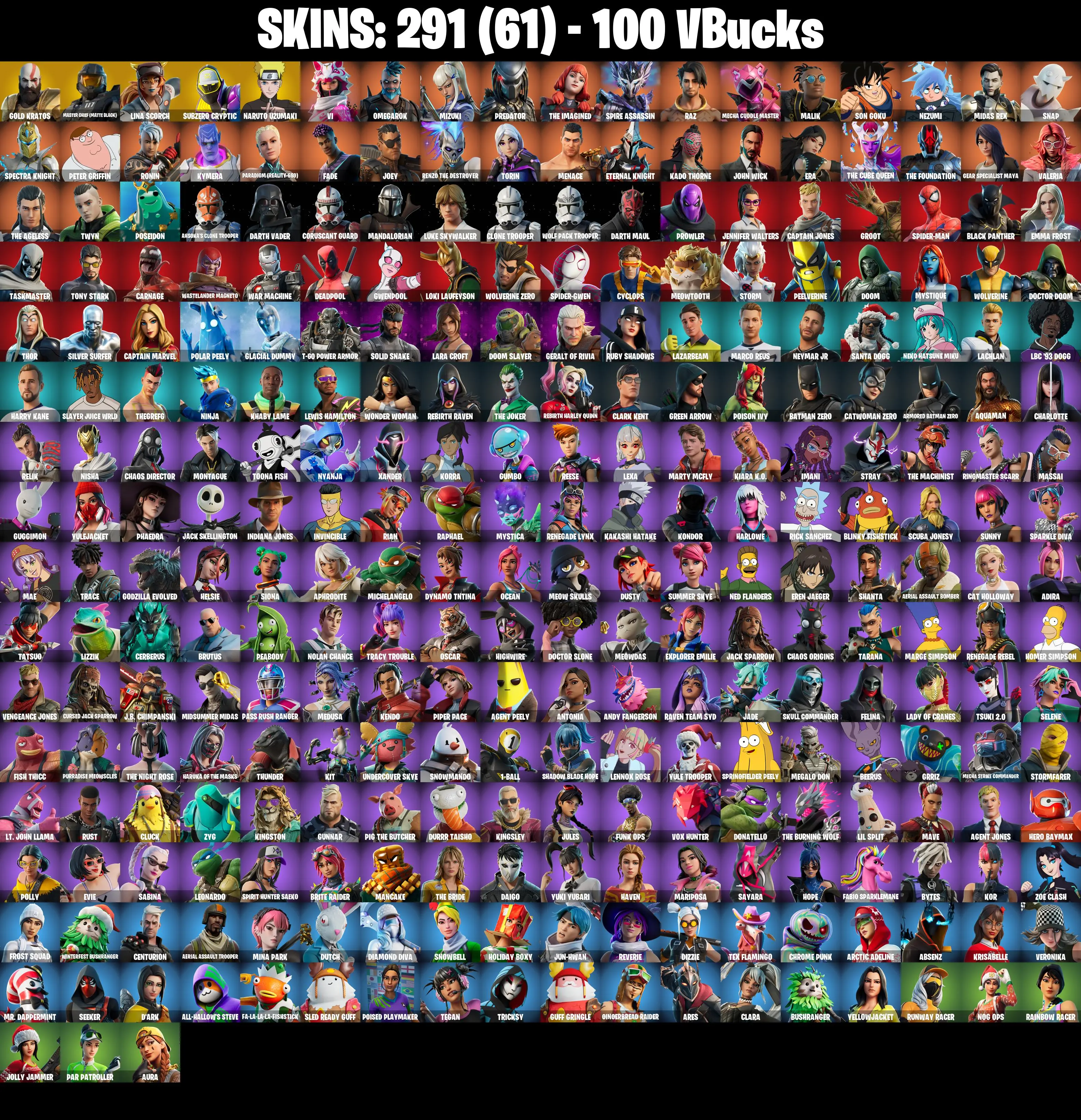 (PC/PSN/XBOX) 291 SKINS πAerial Assault Trooper π Gold Kratos π Master Chief (Matte Black) π Lina Scorch π Subzero Cryptic π Naruto Uzumaki π Vi π 100 V-Buck PARENTAL CONTROL β image 1