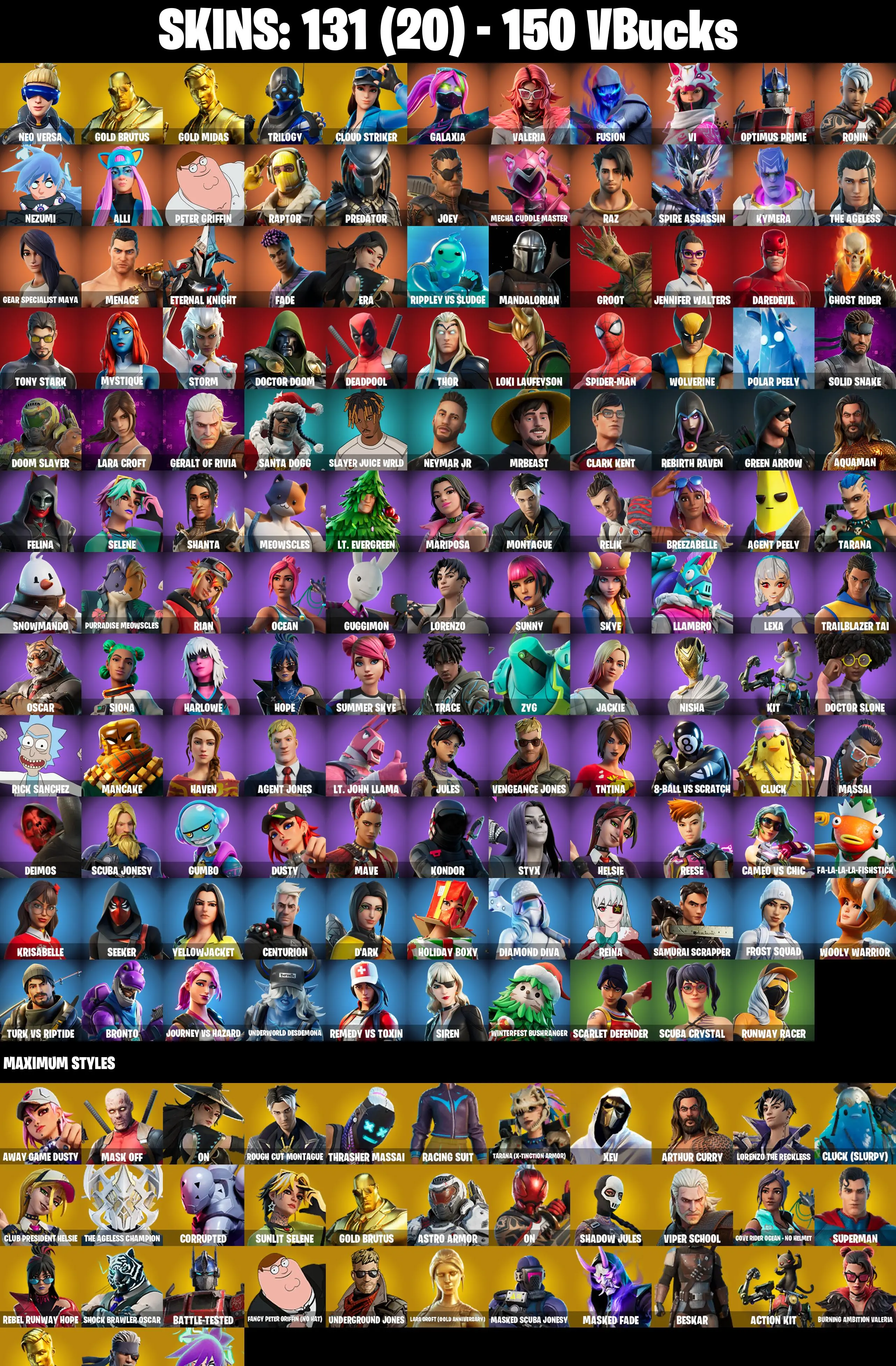 (PC/PSN/XBOX) 131 SKINS πNeo Versa π Gold Brutus π Gold Midas π Trilogy π Cloud Striker π Galaxia π Valeria π Fusion π Vi π 150 V-BuckPARENTAL CONTROL β image 1