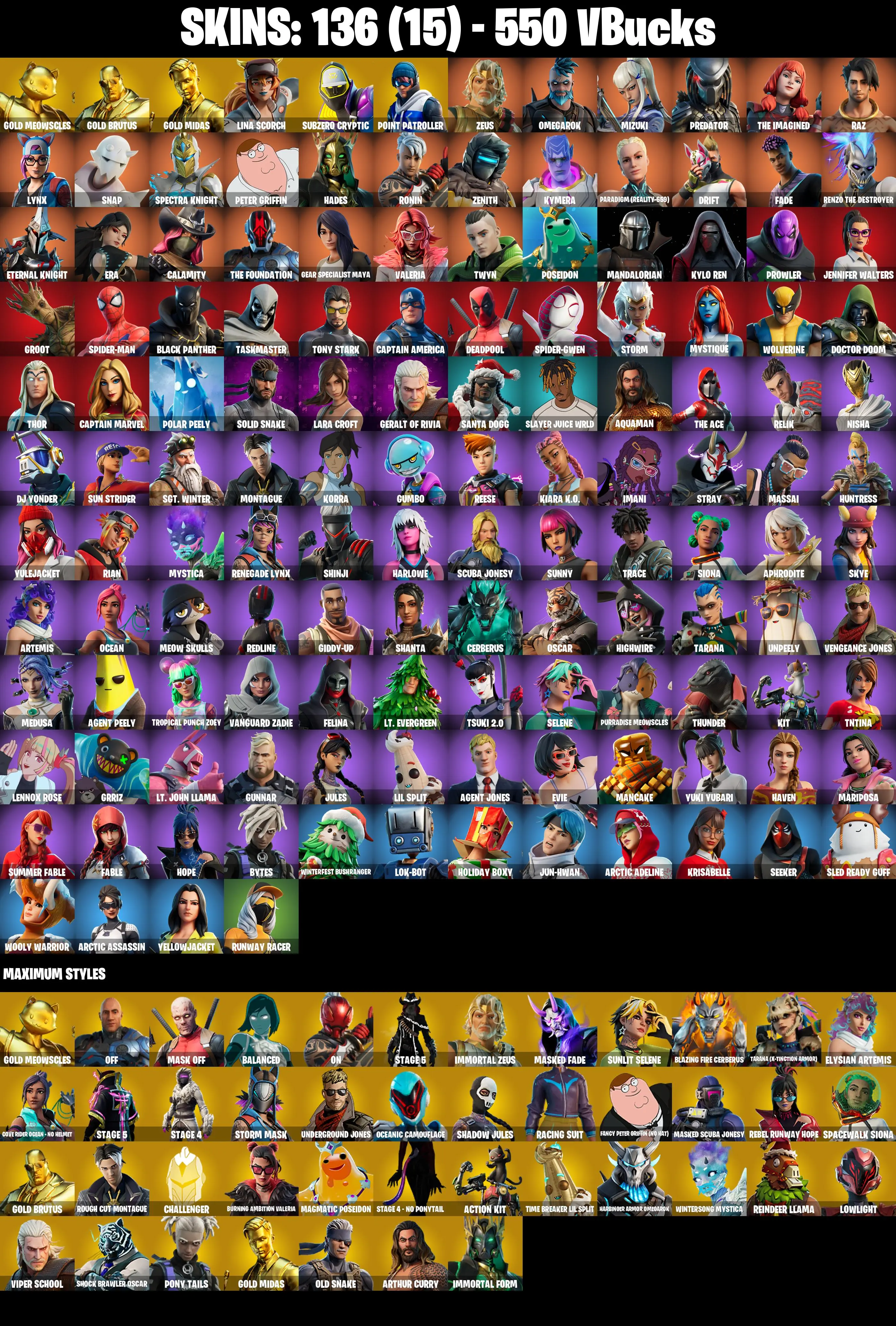 (PC/PSN/XBOX) 136 SKINS πGold Meowscles π Gold Brutus π Gold Midas π Lina Scorch π Subzero Cryptic π Point Patroller π Zeus π 550 V-Buck PARENTAL CONTROL β image 1