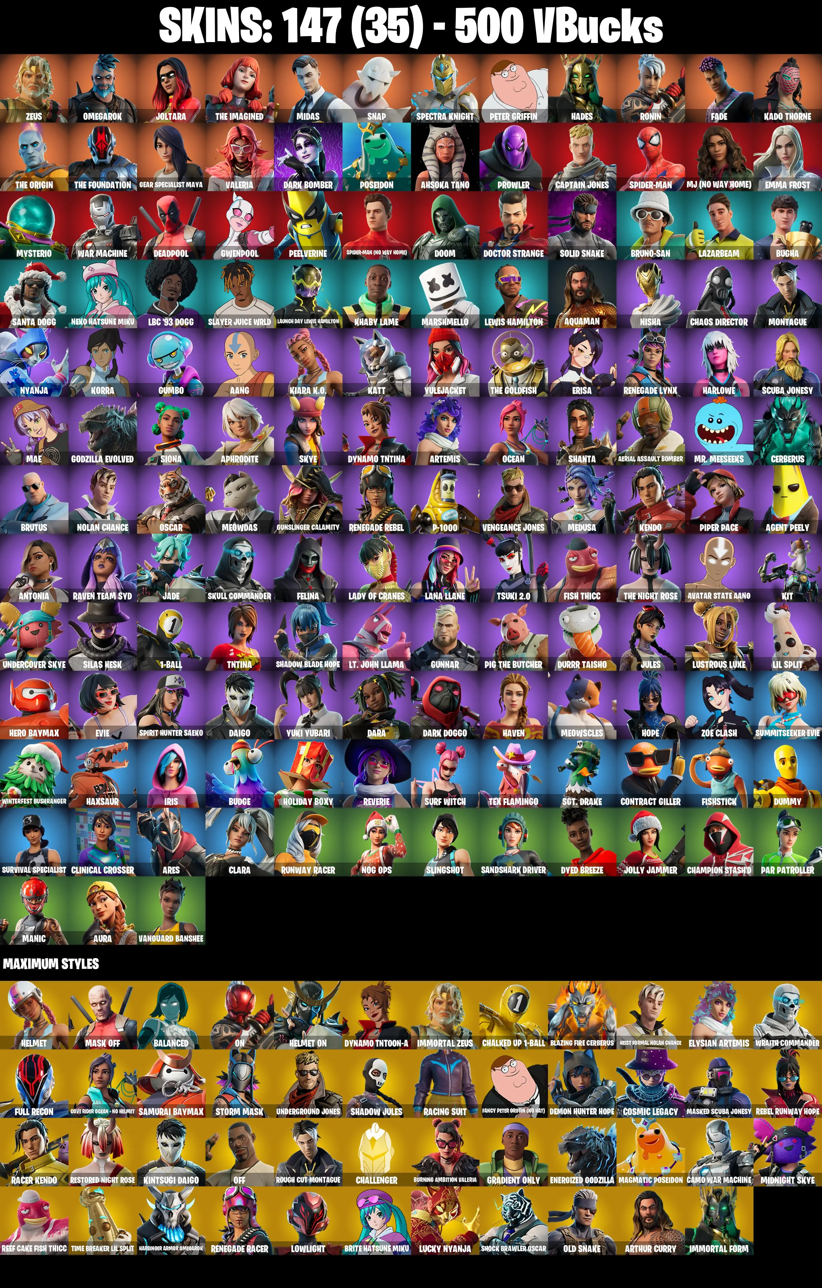 (PC/PSN/XBOX) 147 SKINS πZeus π Omegarok π Joltara π The Imagined π Midas π Snap π Spectra Knight π Peter Griffin π Hades π 500 V-Buck PARENTAL CONTROL β image 1
