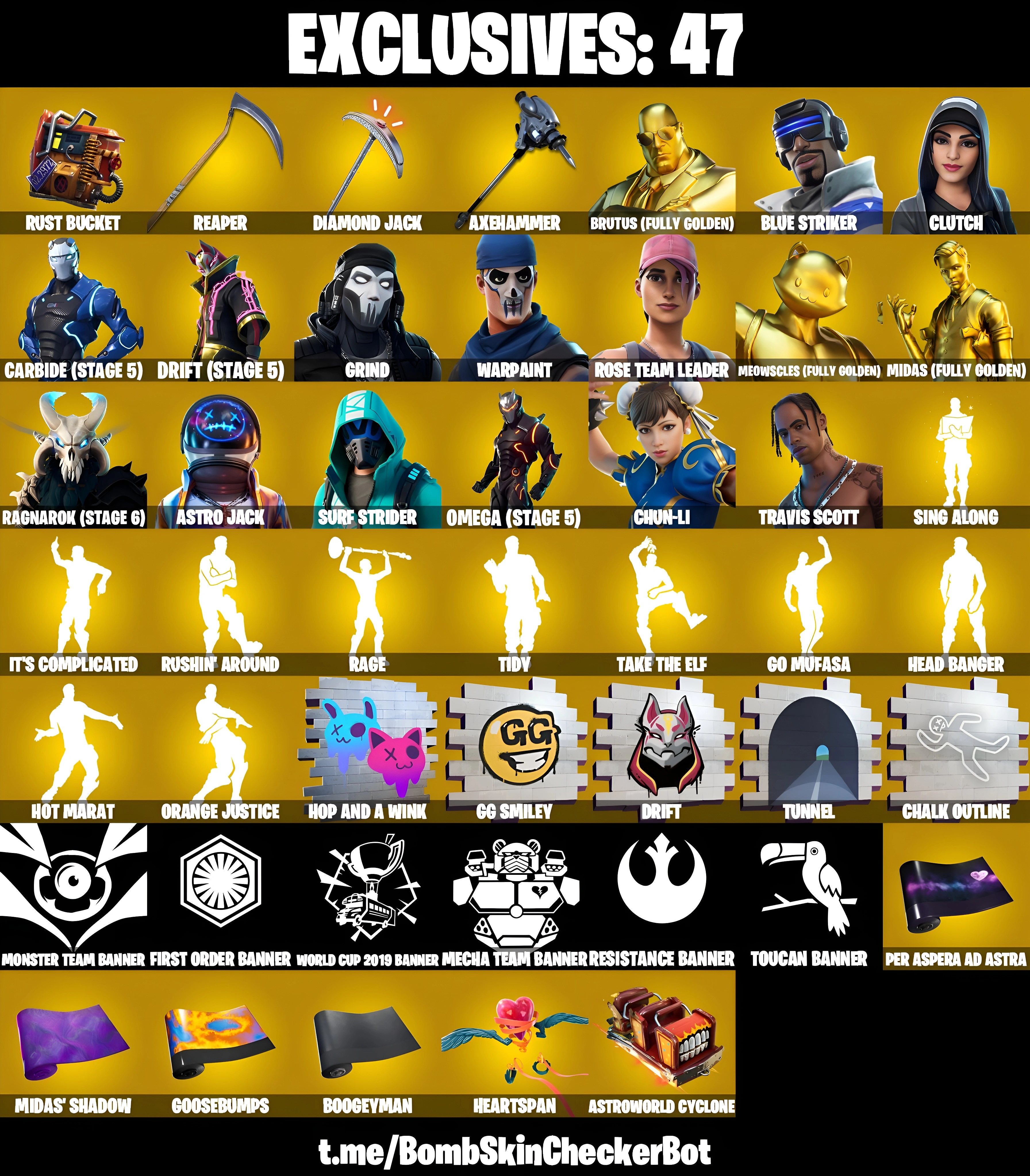 ♨️[PC/PSN/XBOX] 298 skins  | Travis Scott | Chun-Li | Omega | Surf Strider | Astro Jack | Ragnarok | Midas | Meowscles | Rose Team Leader | Warpaint | Grind | Drift | Carbide | Clutch | Blue Striker